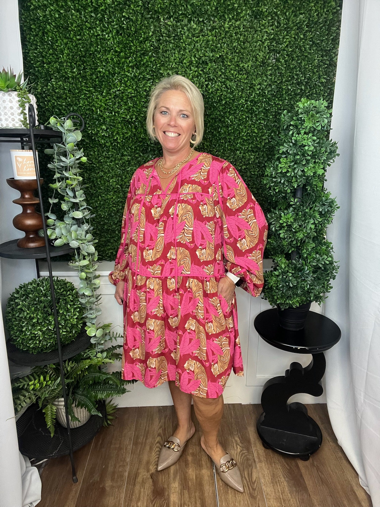 ANIMAL PRINTED WOOL TIERED DRESS - RASPBERRY