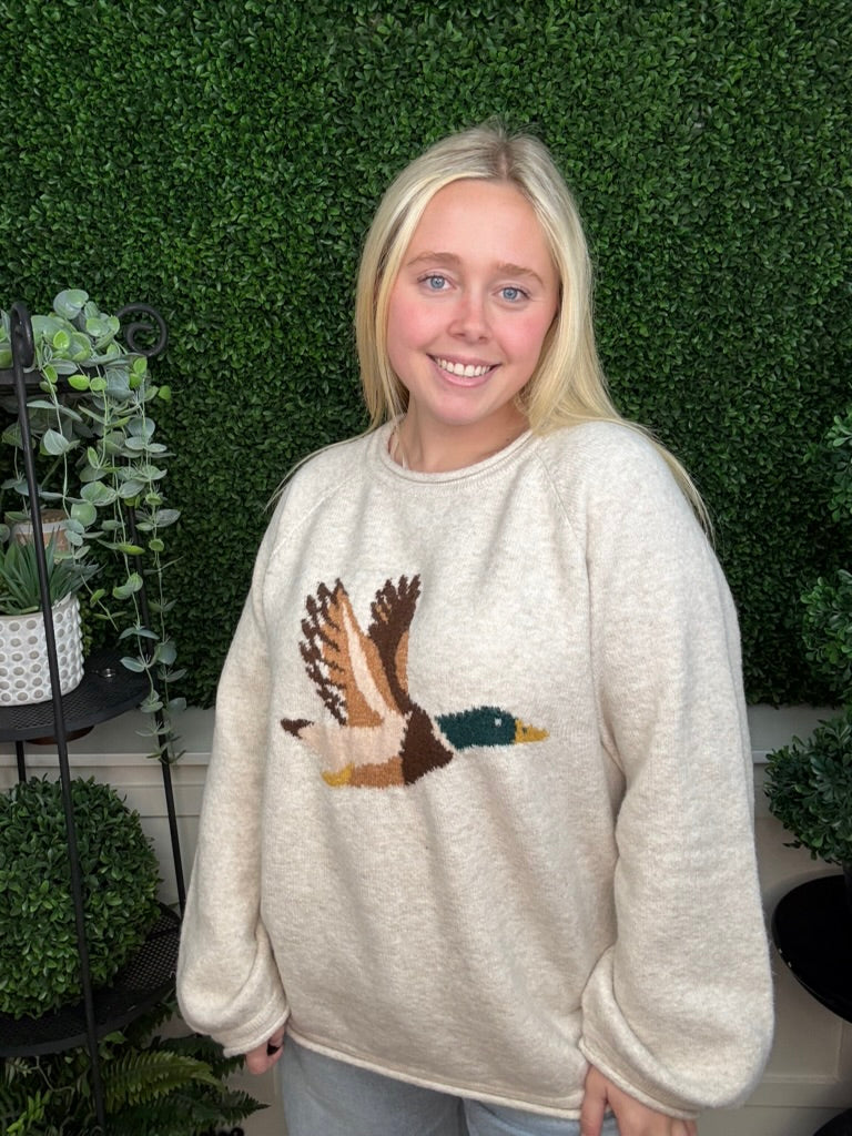 FLYING DUCK GRAPHIC KNIT SWEATER - OATMEAL