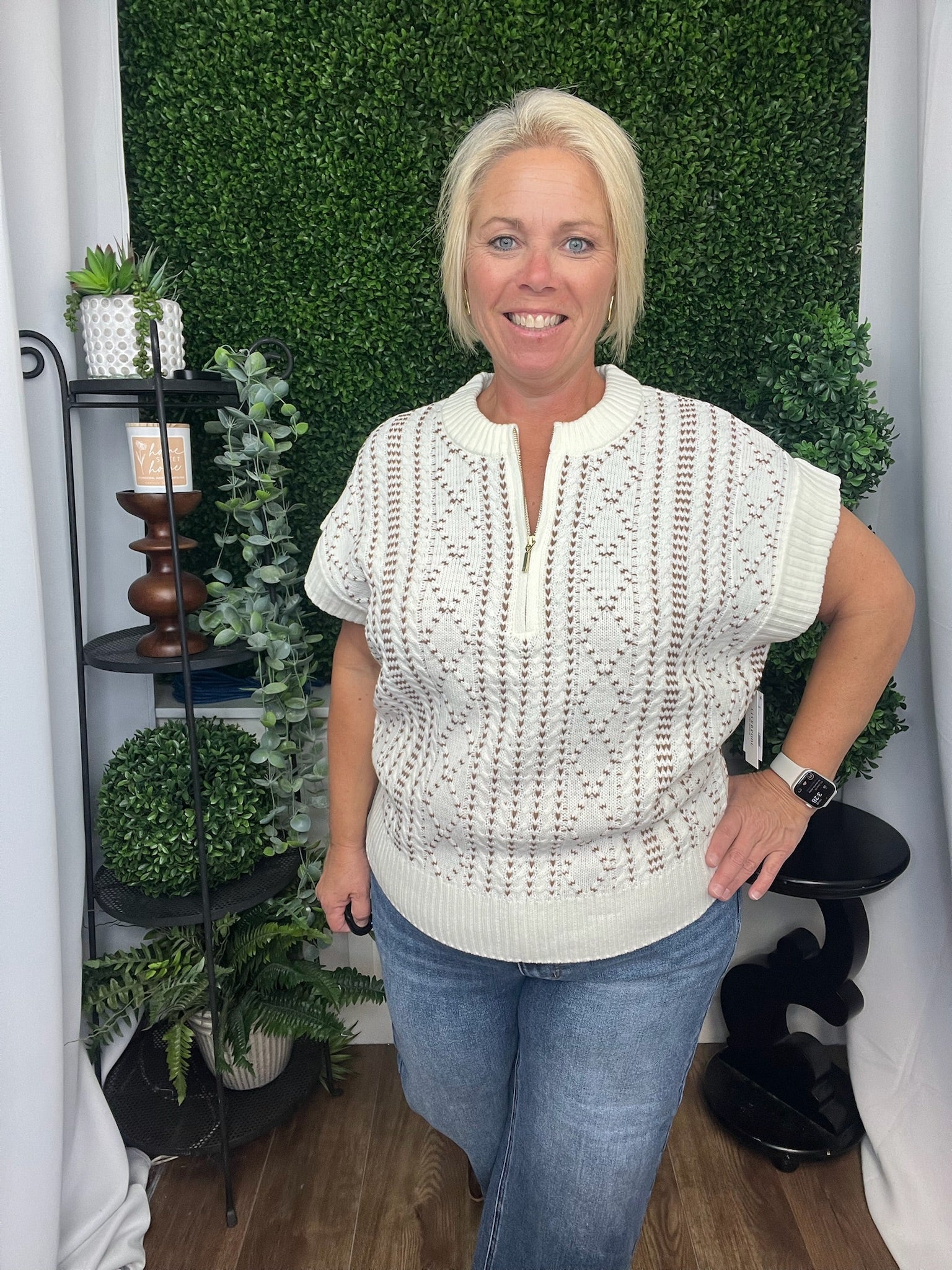 CAP SLEEVE DOLMAN 1/2 ZIP SWEATER - CREAM/CAMEL