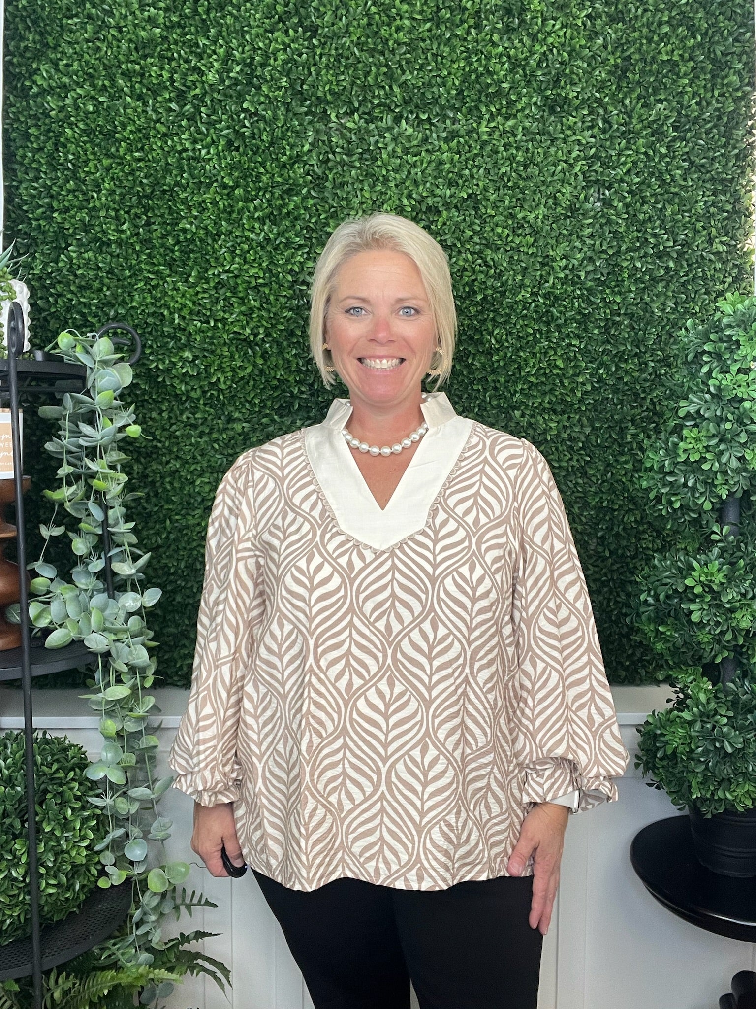 STANDING COLLARED NECK BOHO LEAF PRINT TOP - TAUPE