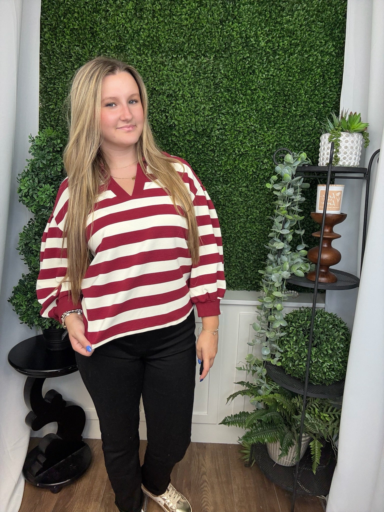 STRIPED OTTOMAN PULLOVER - DARK RED