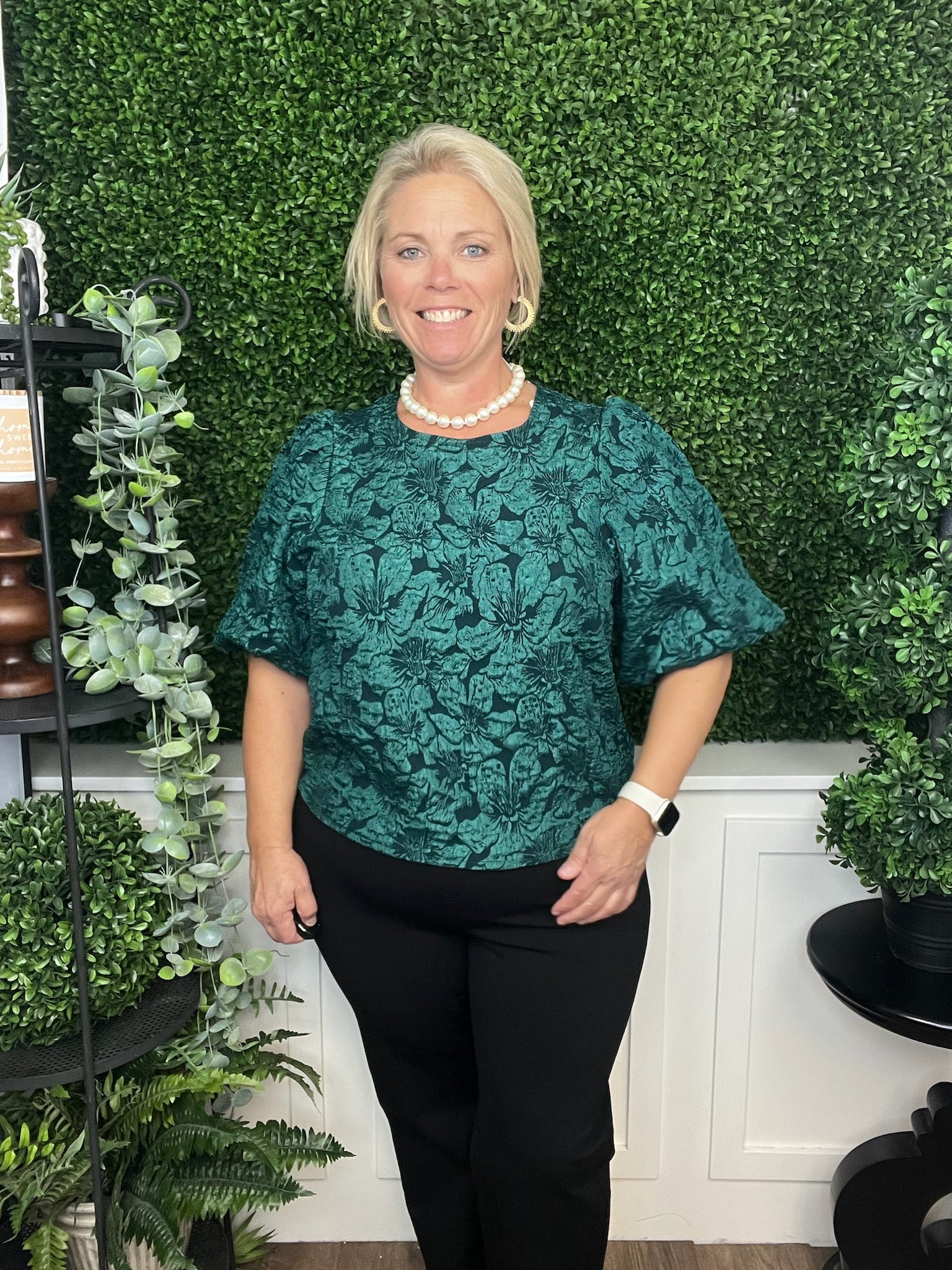 ROUND NECK PUFF SLV BLOUSE - HUNTER GREEN