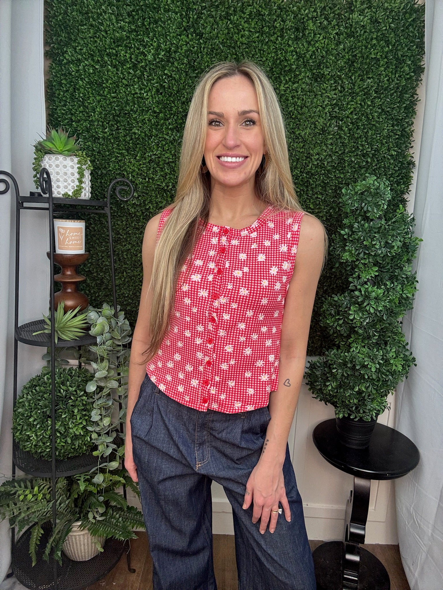 Red Gingham Daisy Button Front Tank