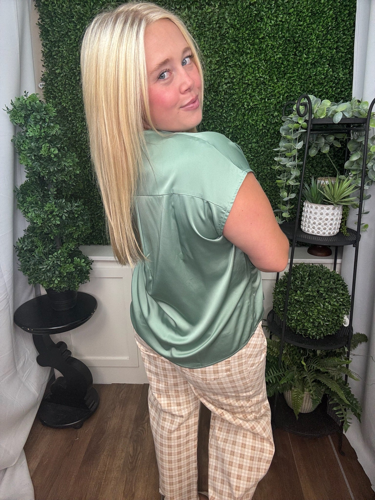 Sage Sheen Button-Down Blouse
