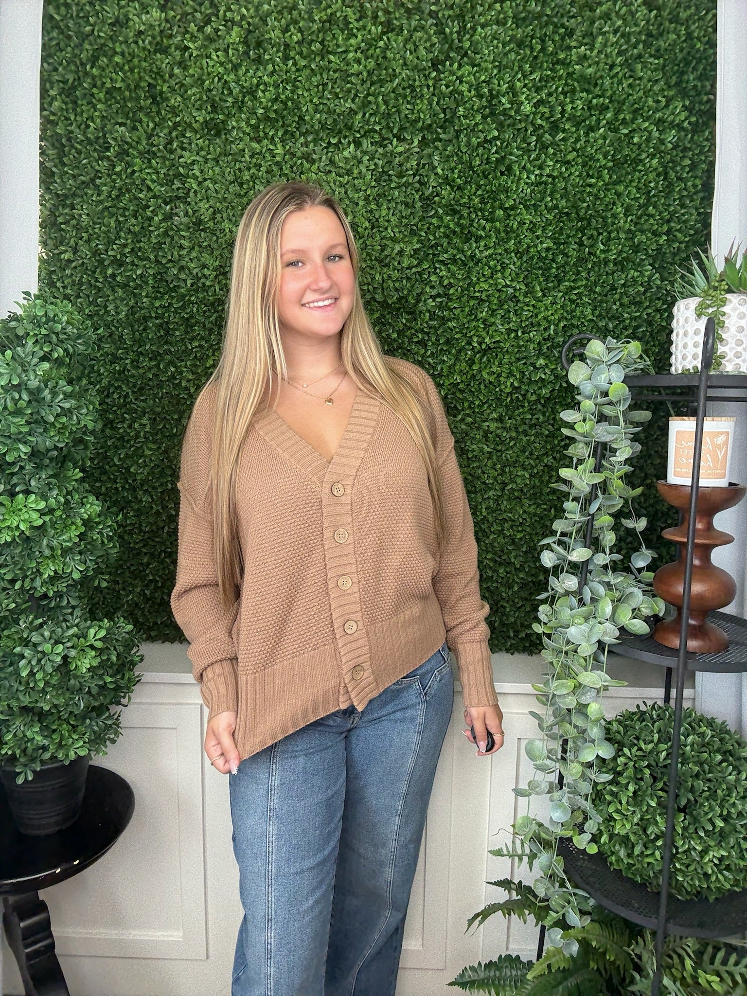 VNECK BUTTON DOWN LS GARDIGAN - BROWN SUGAR