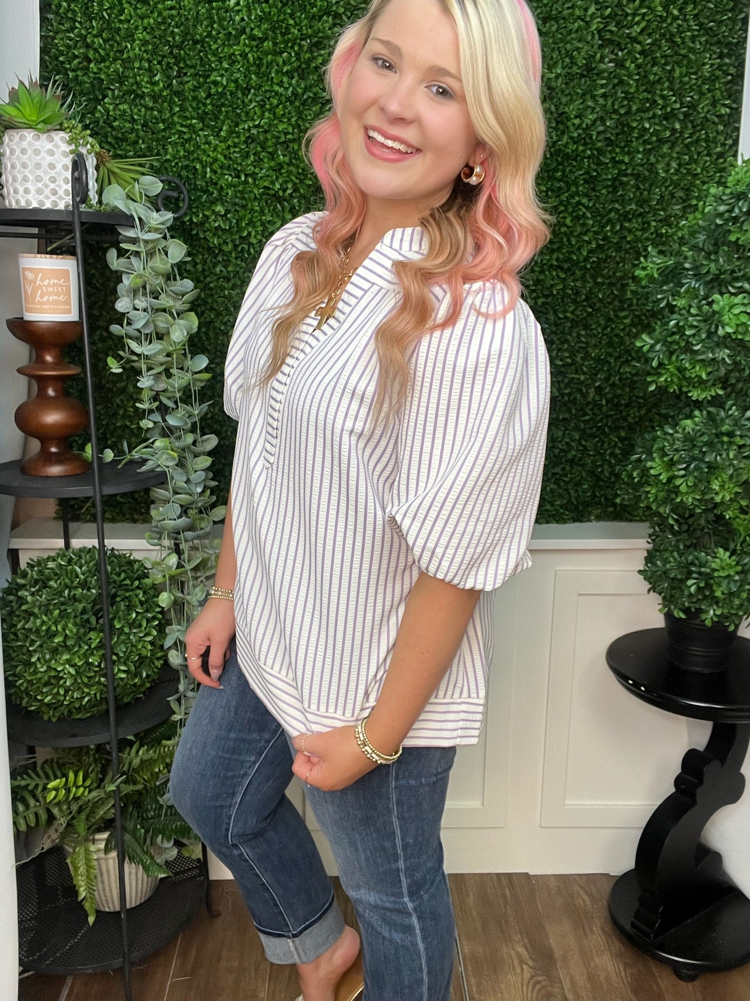 BUBBLE SLEEVE STRIPED WOVEN TOP - LILAC