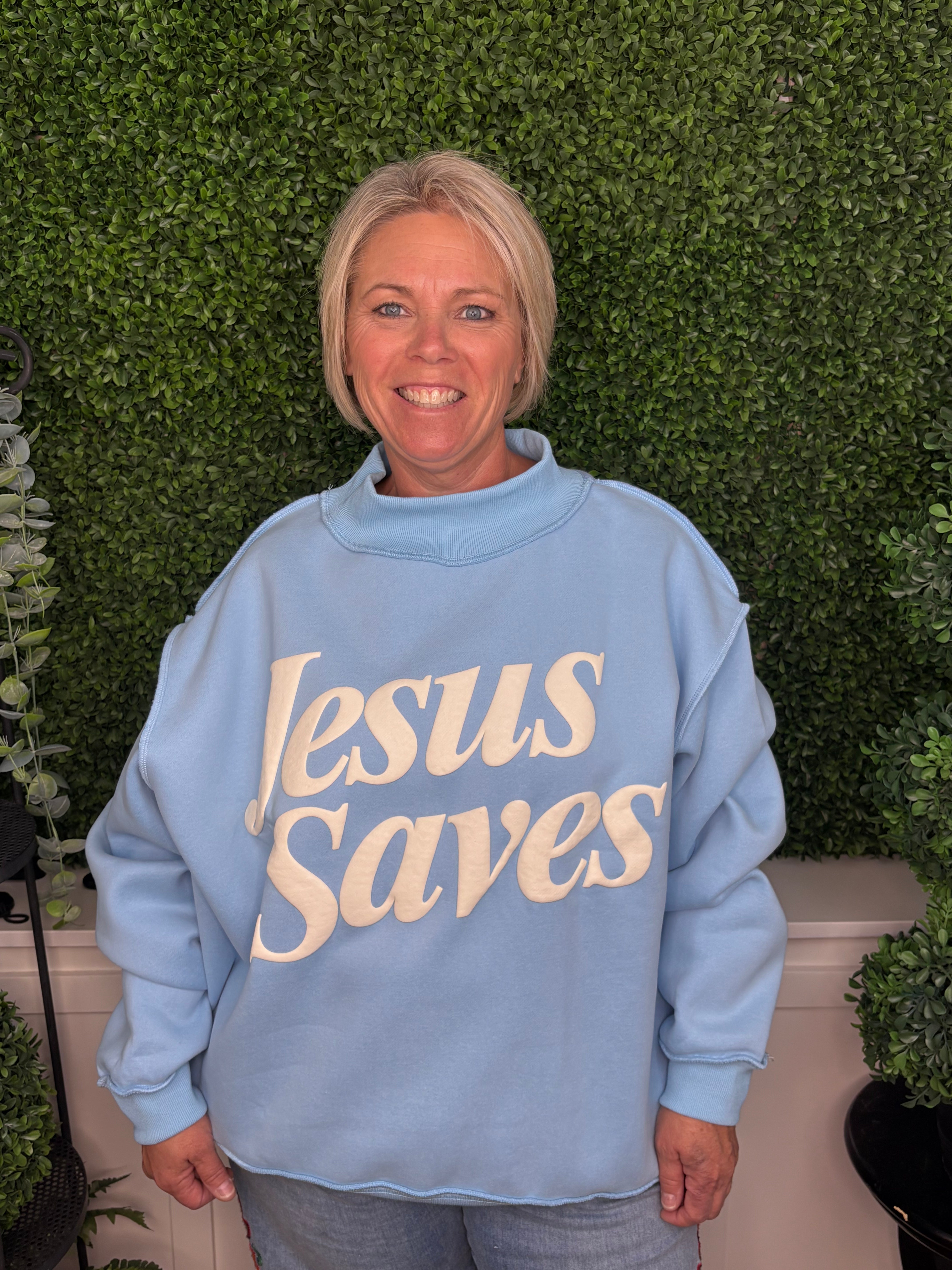 Jesus Saves Graphic Mock Neck Pullover