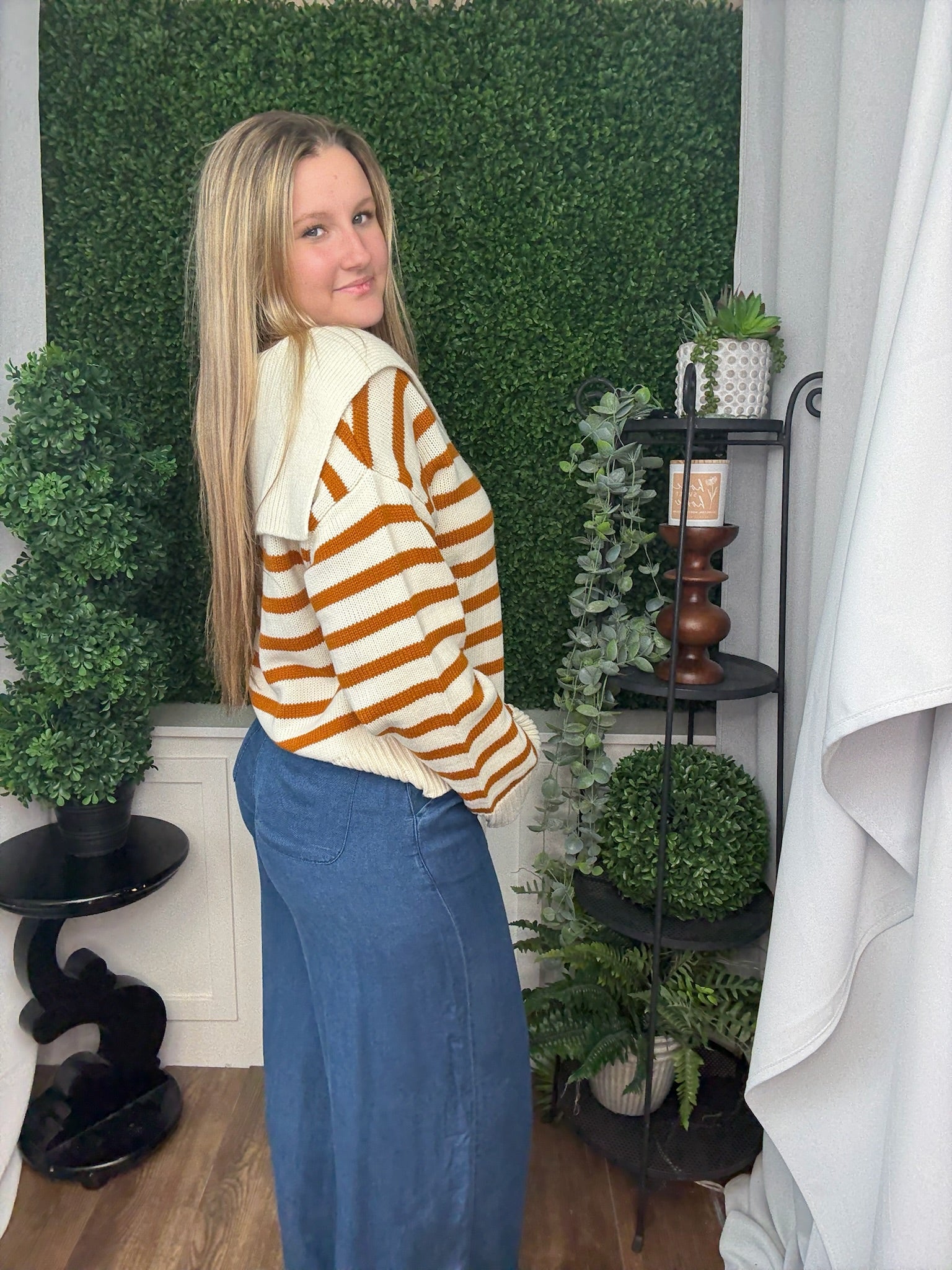 STRIPED KNIT SAILOR COLLAR SWEATER - CREAM/CARAMEL