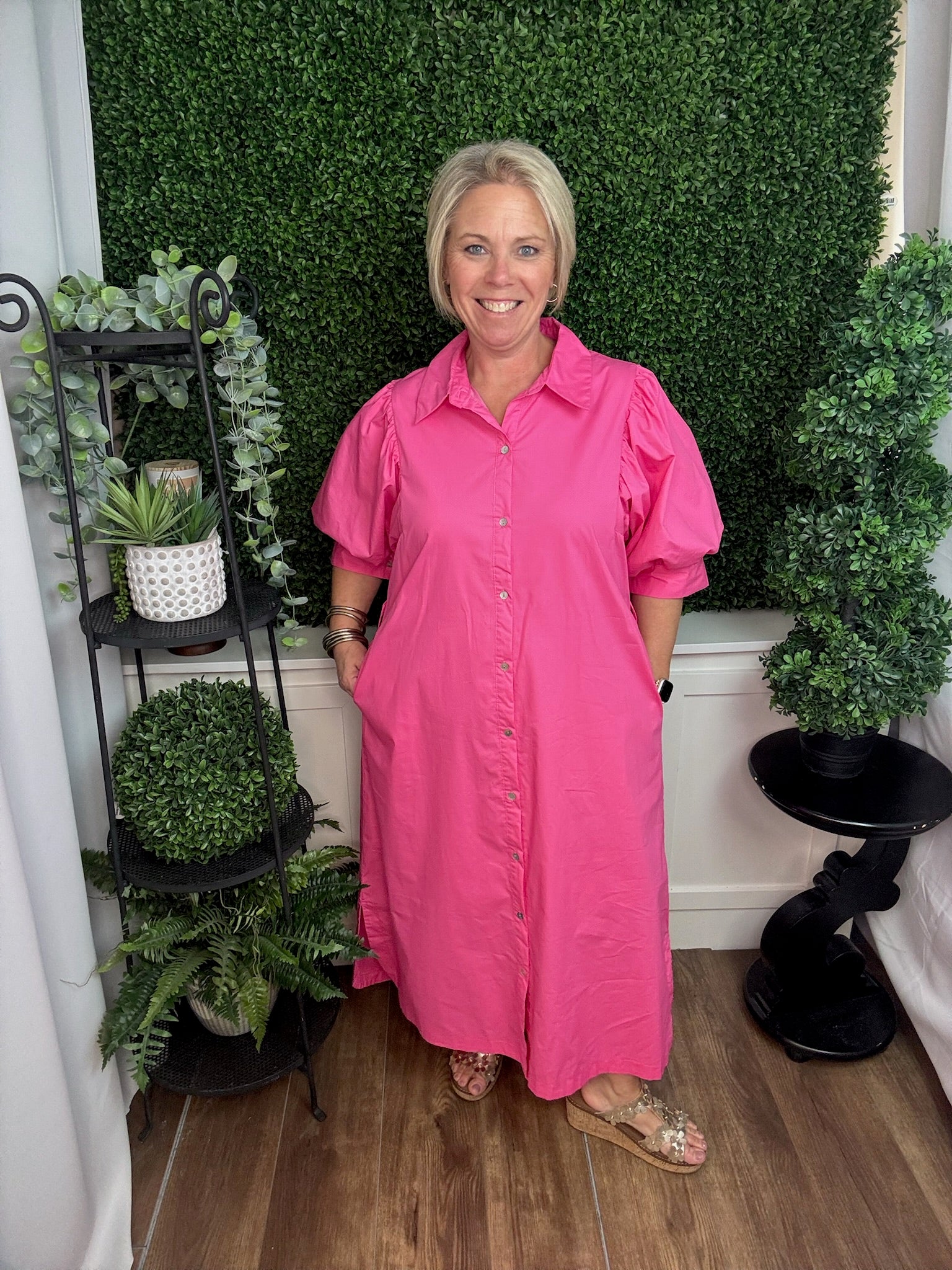 Button Front Midi Dress with Puff Sleeves and Tie Waist