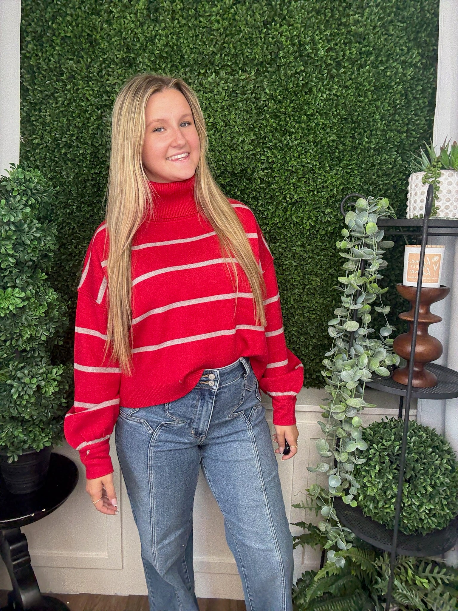 MOCK NECK OVERSIZED STRIPE SWEATER - CRIMSON