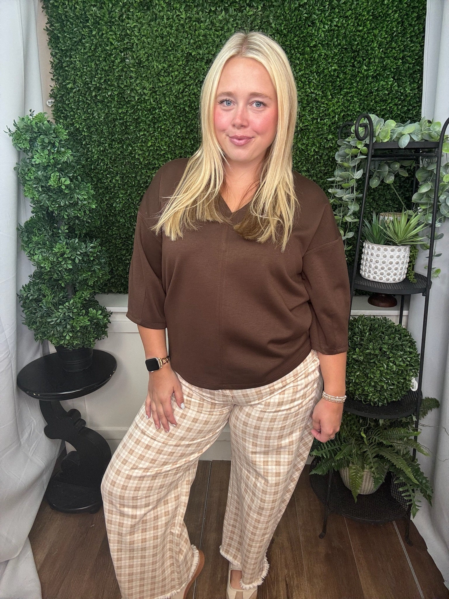 Neutral Plaid Wide Leg Crop Pants