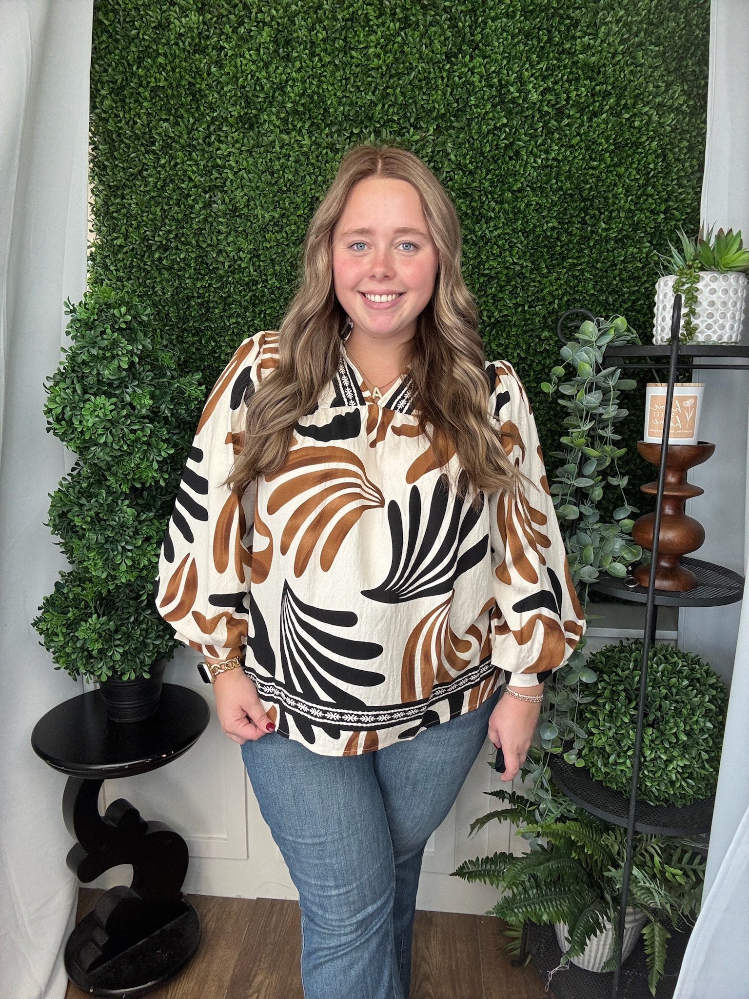 BOHO LEAFY PRINT SPLIT NECK TOP