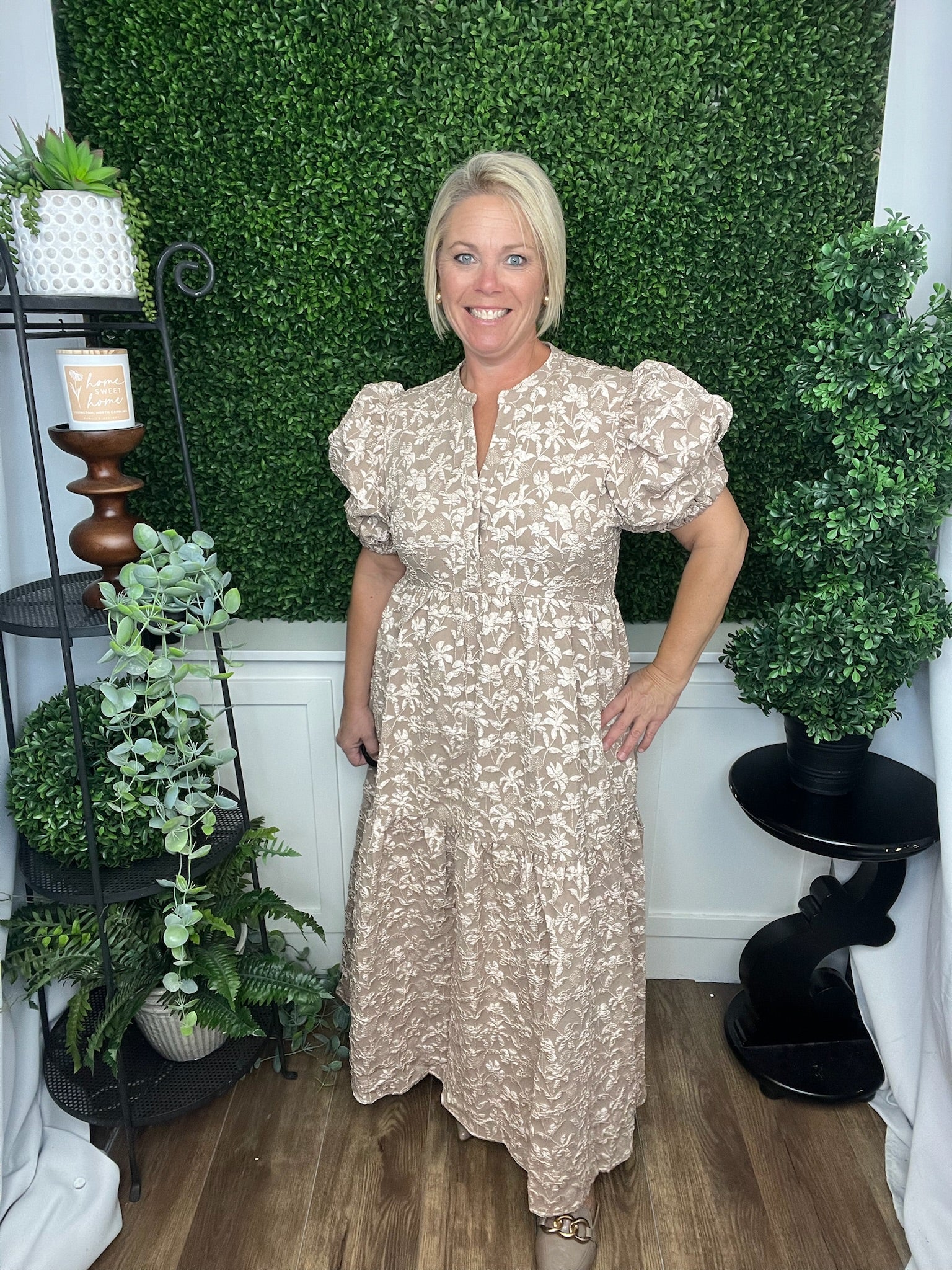 PUFF SLV MIDI DRESS - CHAMPAGNE