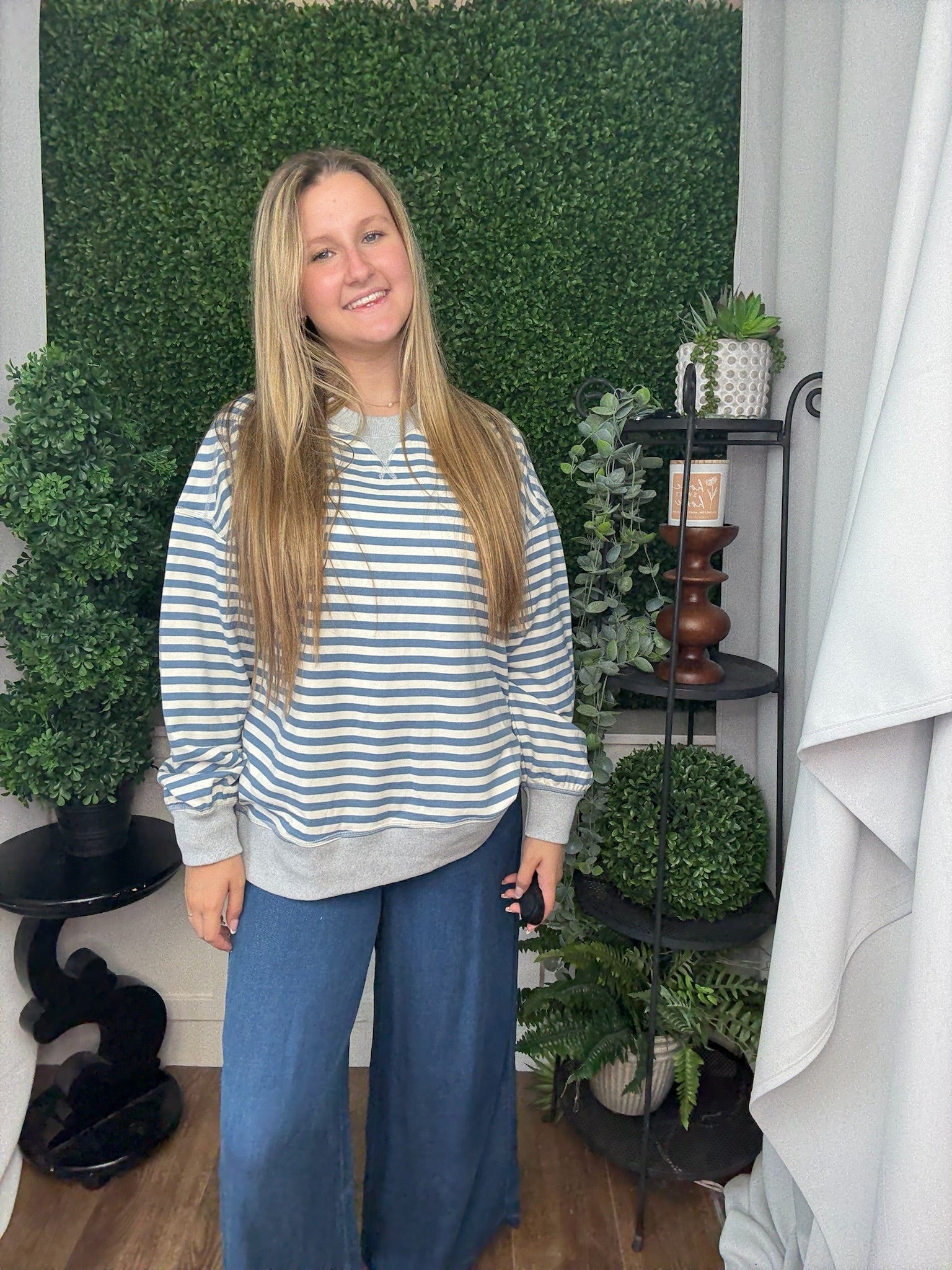 STRIPE COMFY CASUAL OVERSIZED KNIT TOP - DENIM/CREAM