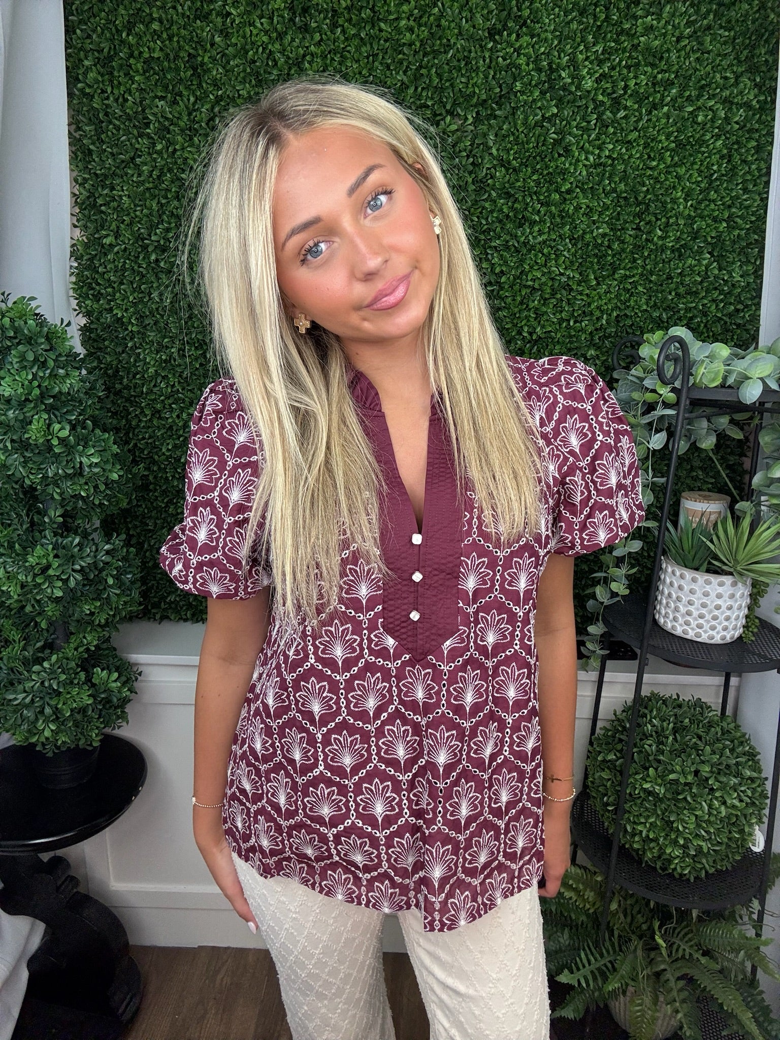 GEOMETRIC PRINT PUFF SLEEVE BLOUSE - WINE