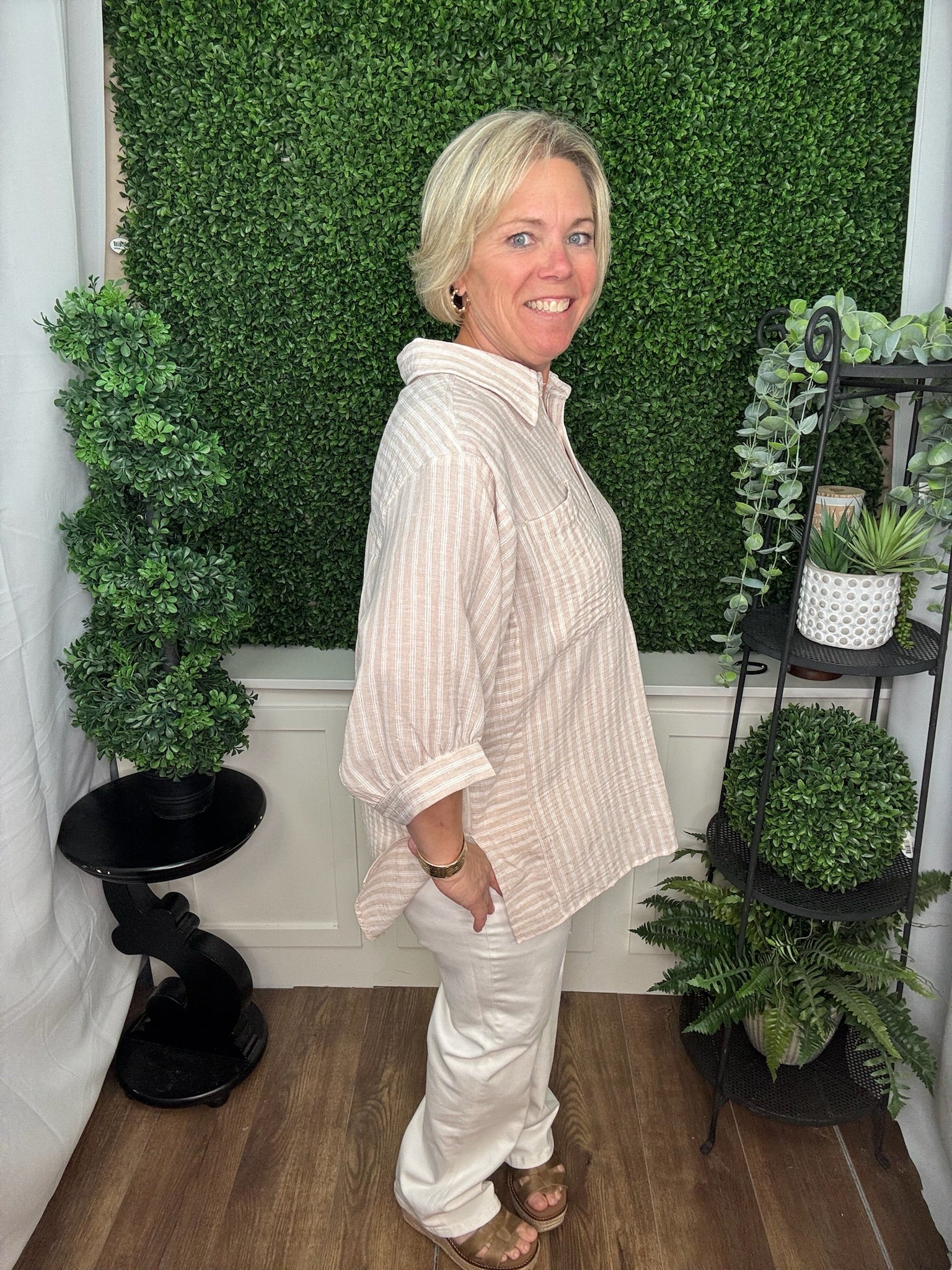 Taupe Striped Relaxed Button-Up Blouse