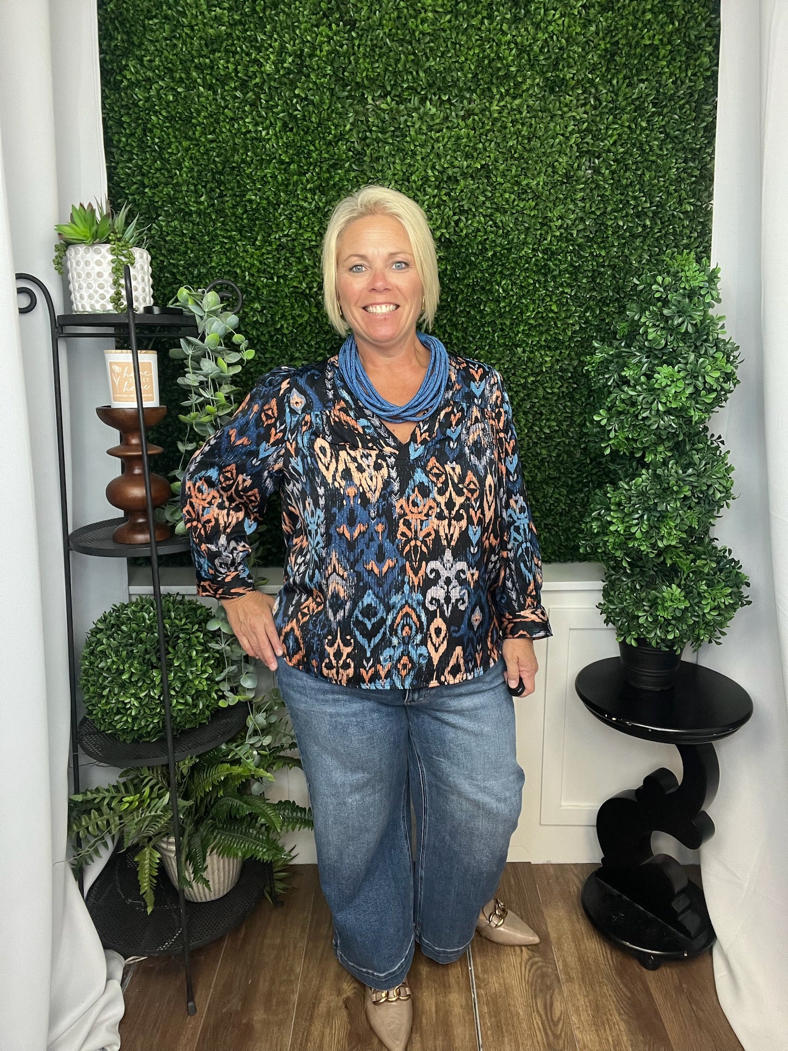 3/4 SLEEVE V-NECK POPOVER WOVEN BLOUSE BLUE MULTI IKAT