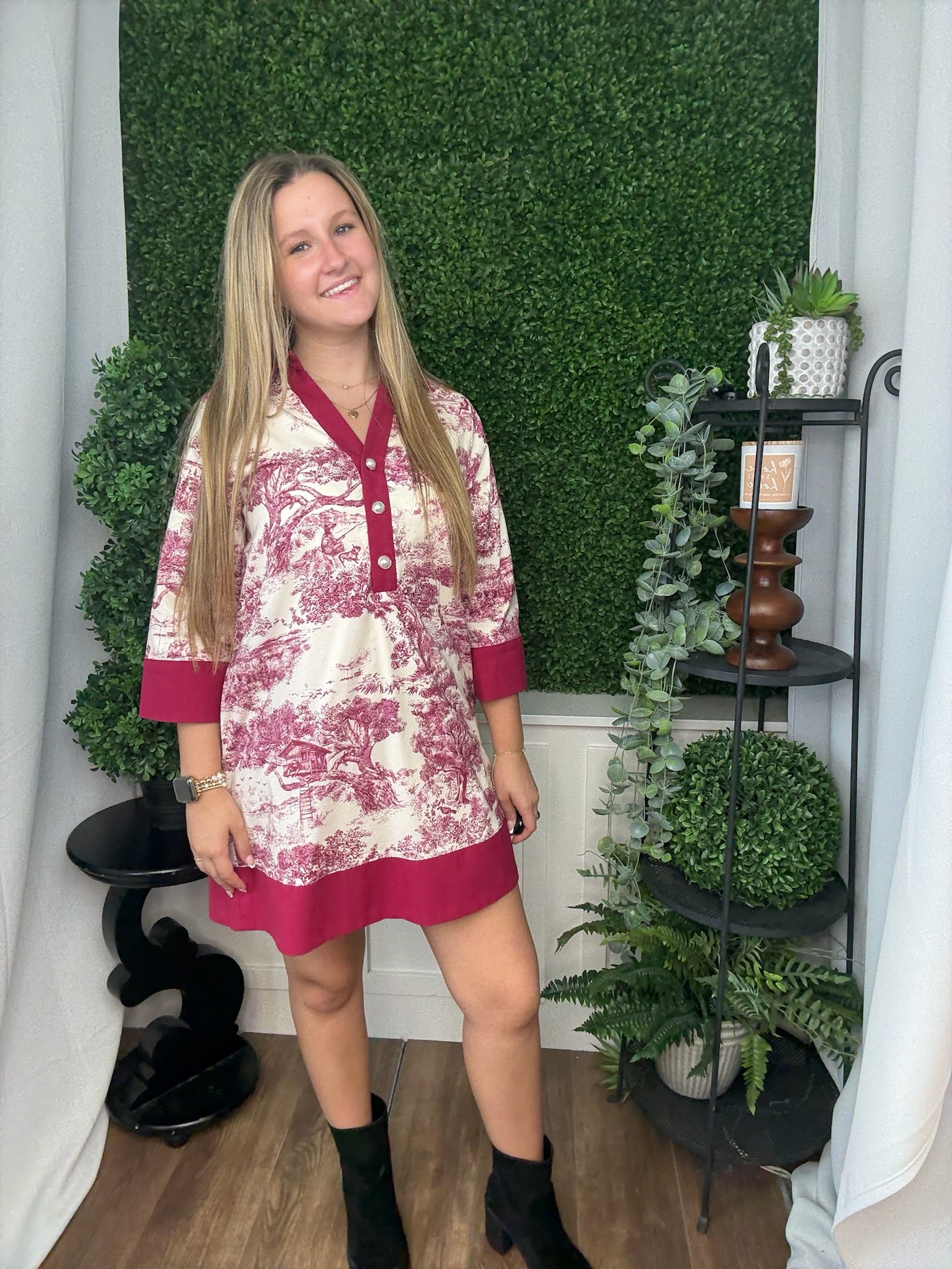 TOILE 3/4 SLEEVE MINI DRESS - BURGUNDY