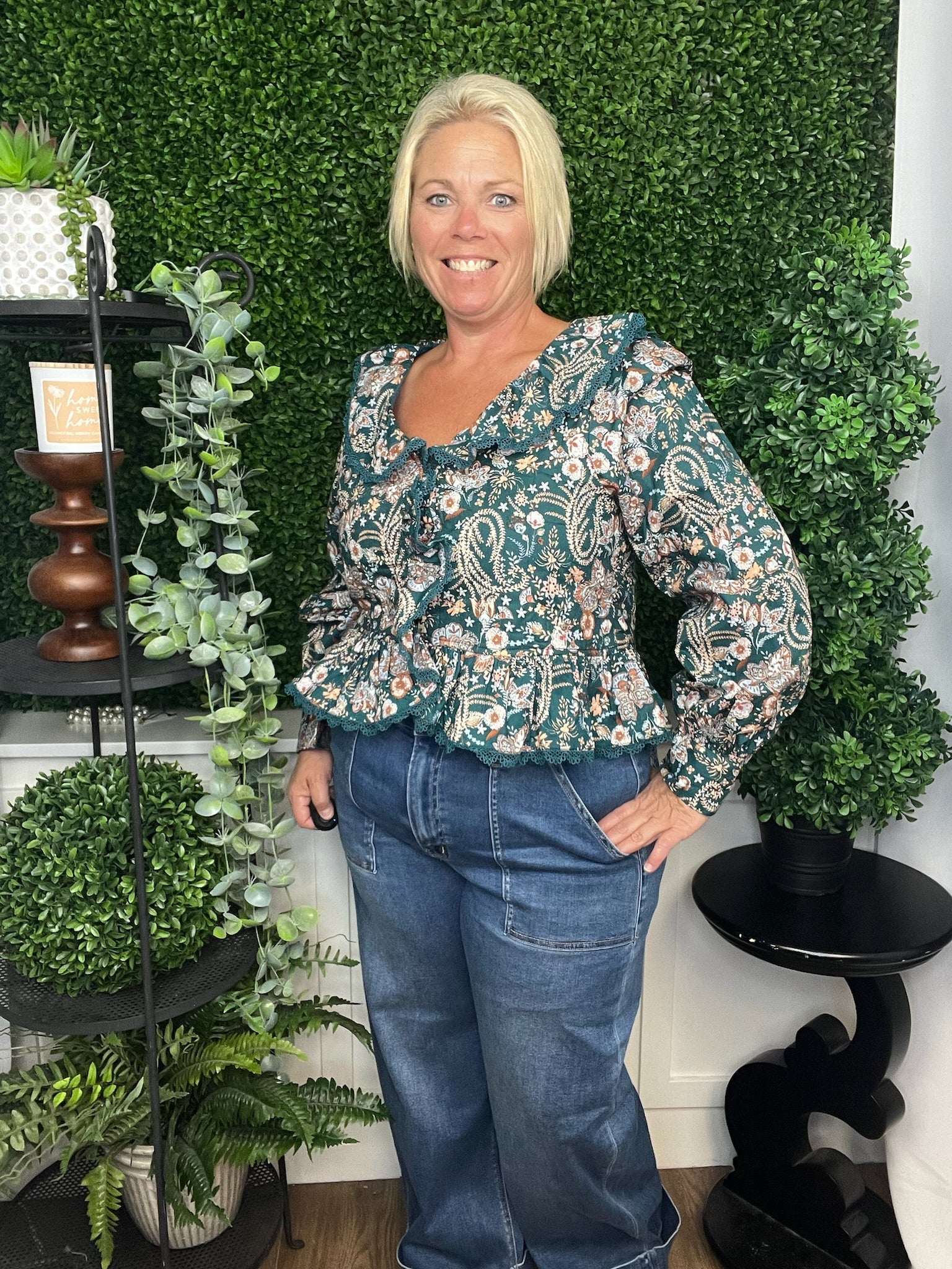 PAISLEY PRINT LACE TRIM QUILTED TOP - TEAL/GREEN/MULTI FLORAL