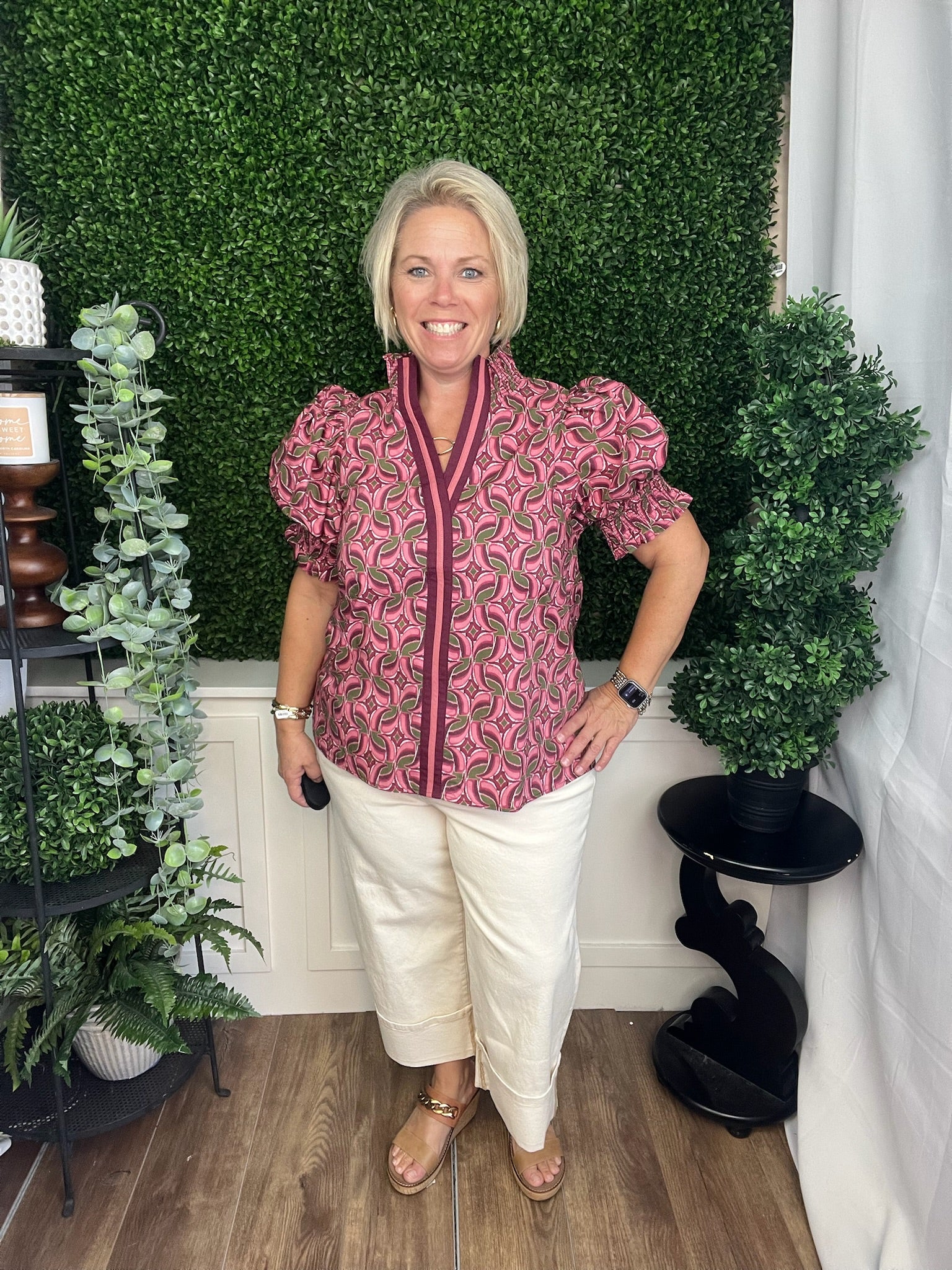 ABSTRACT PATTERN SHORT SLEEVE PUFF TOP - WINE