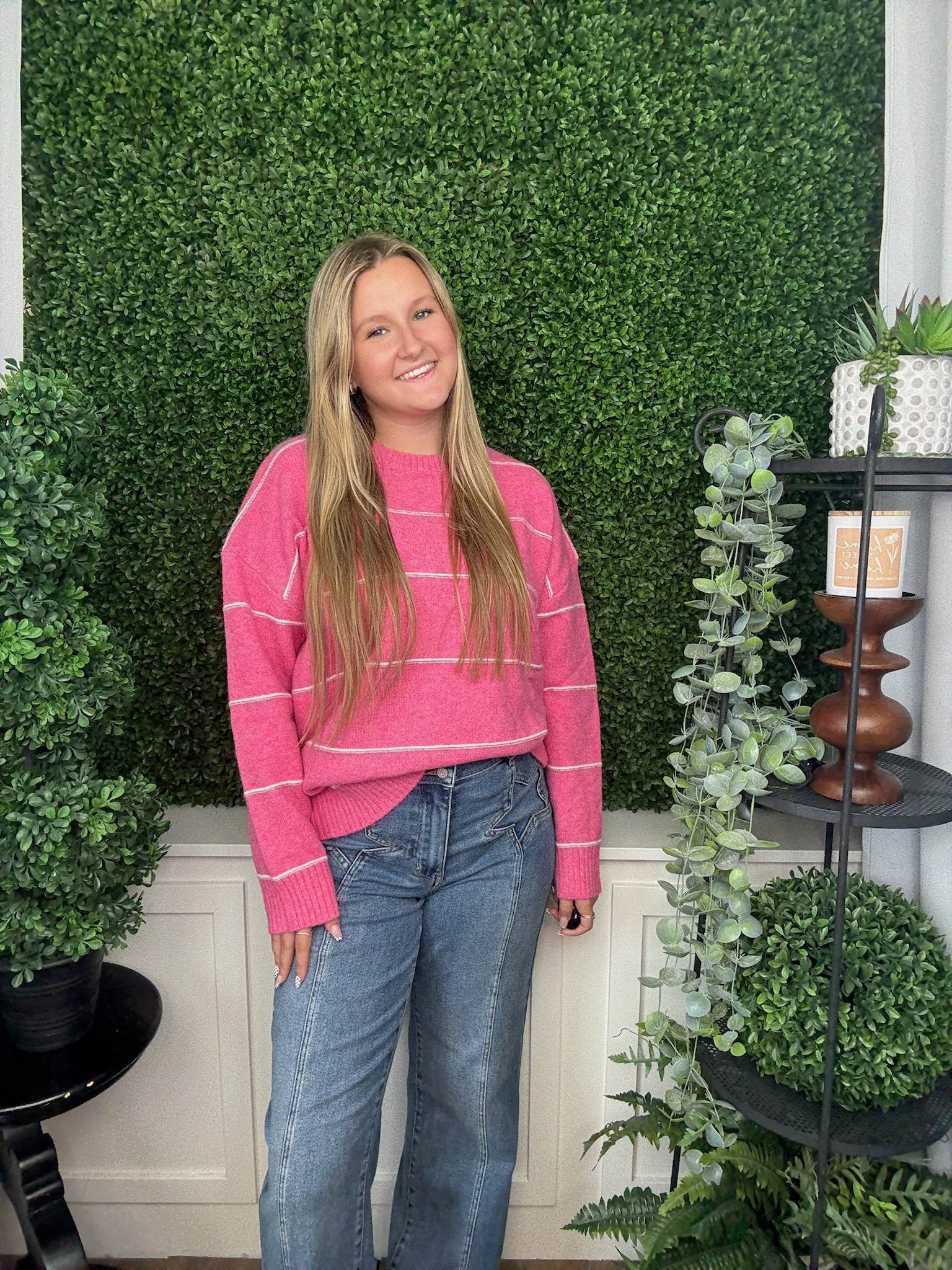 STRIPE PATTERN DROP SHOULDER SWEATER - PINK MULTI