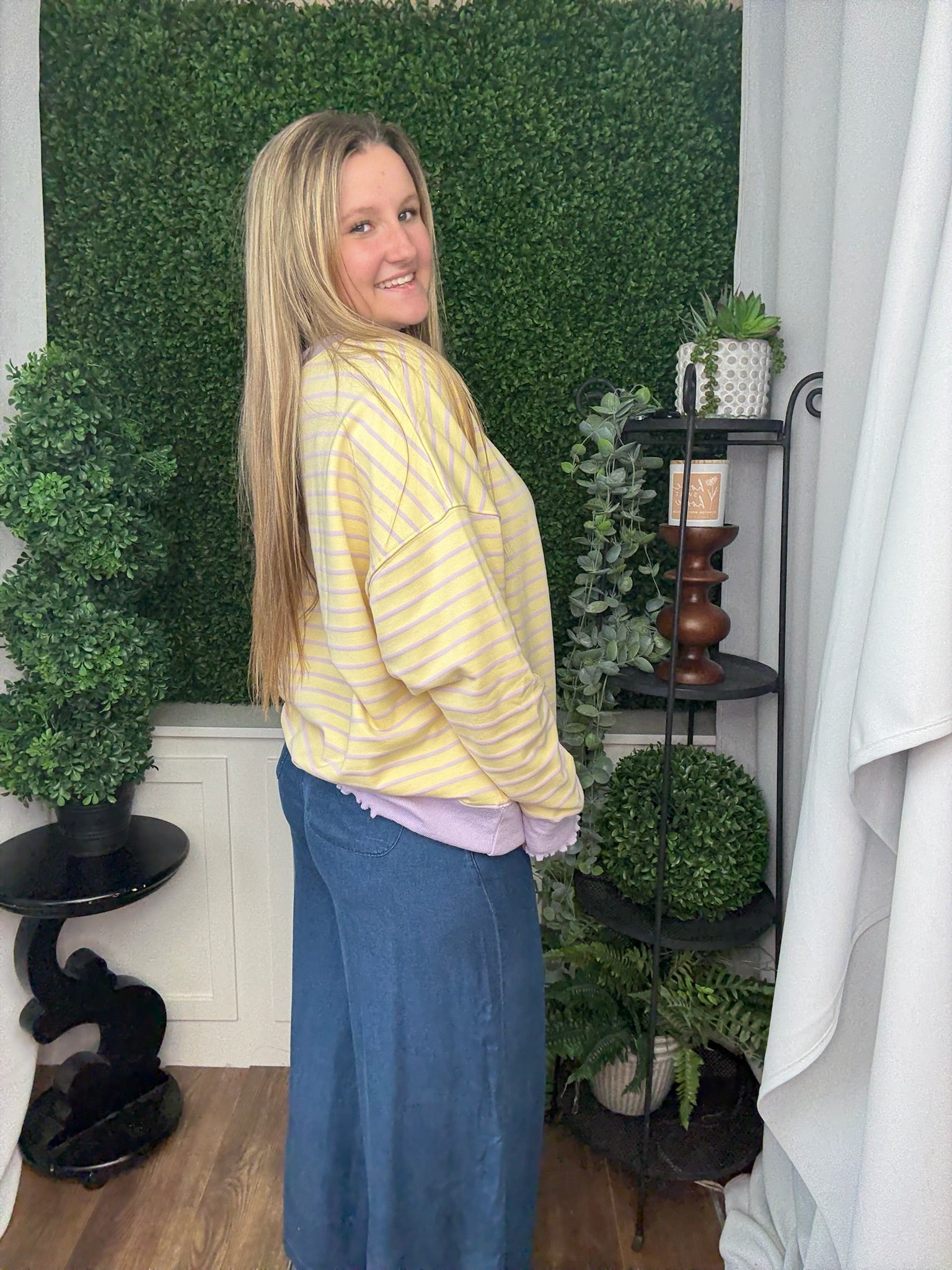 STRIPE TERRY TOP W/ LETTUCE RIB - YELLOW/LT PURPLE