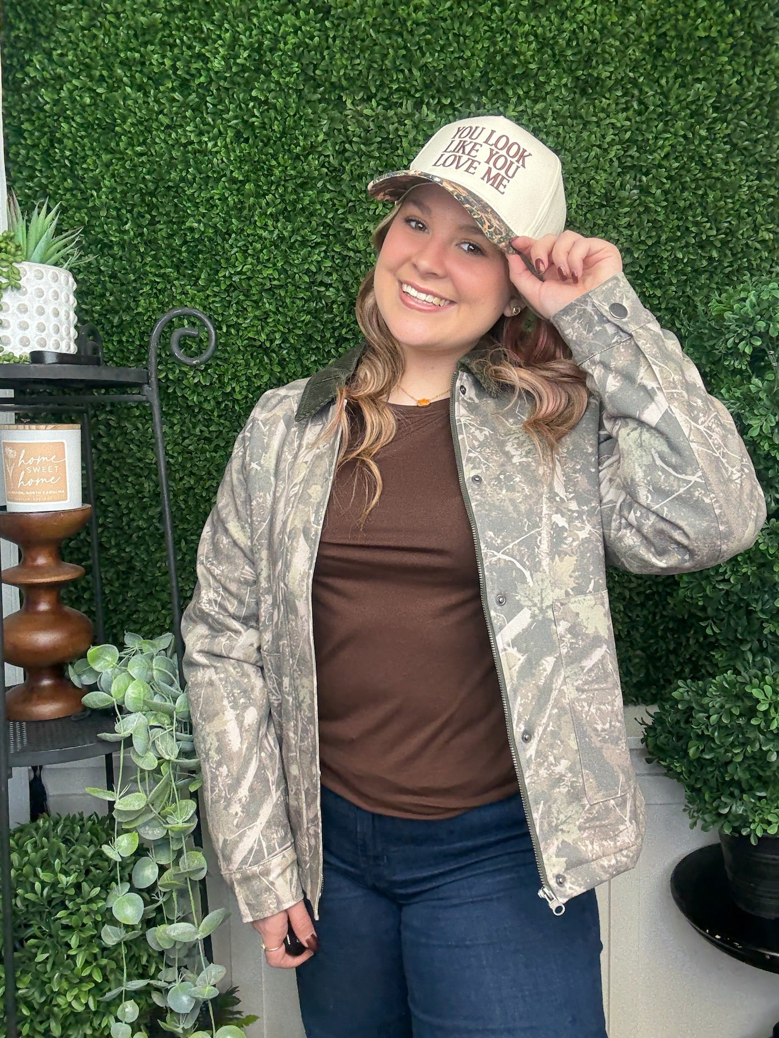 YOU LOOK LIKE YOU LOVE ME EMBROIDERED CAMO TRUCKER