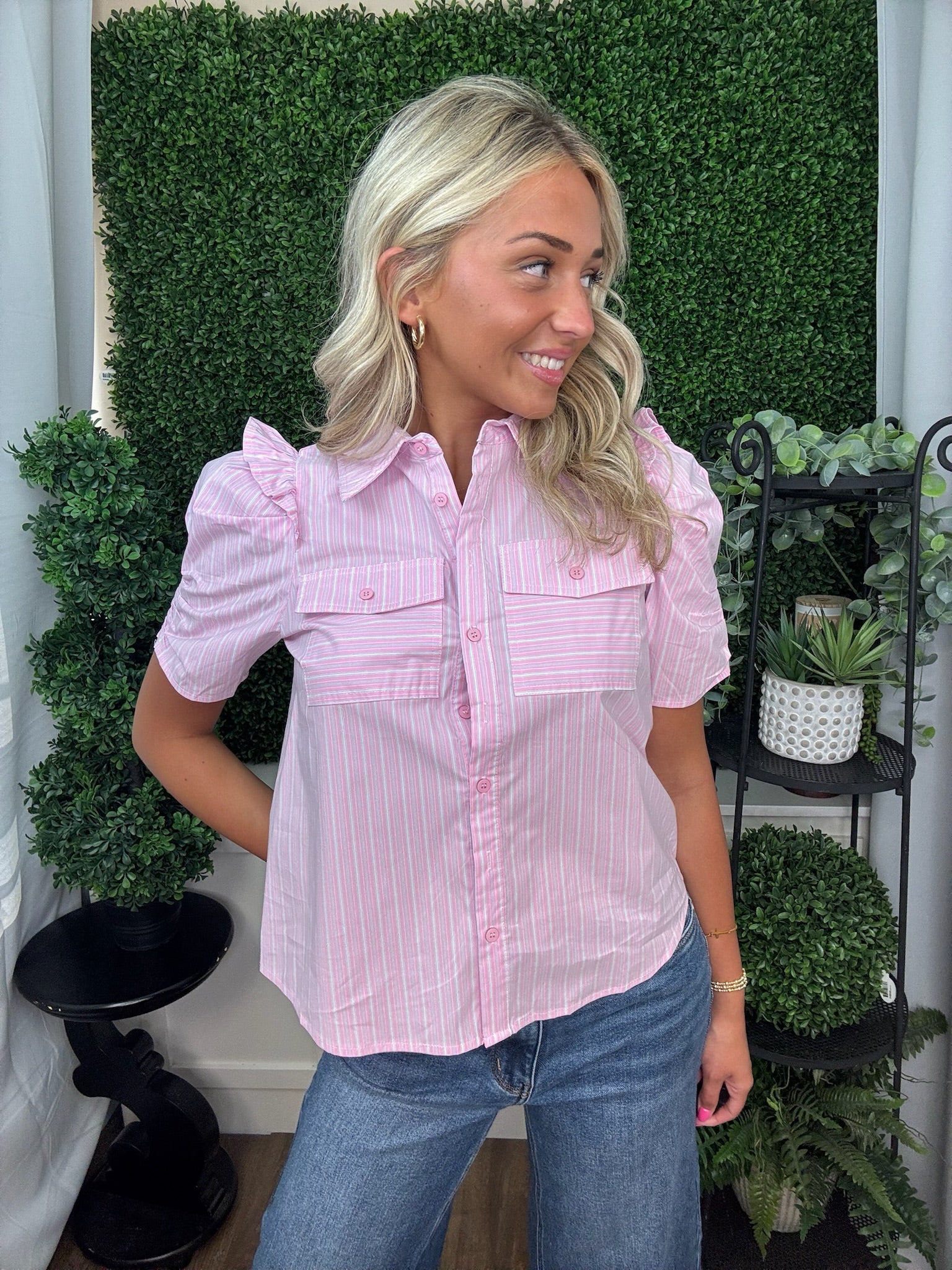 Pink Stripe Puff Sleeve Button-Up Top