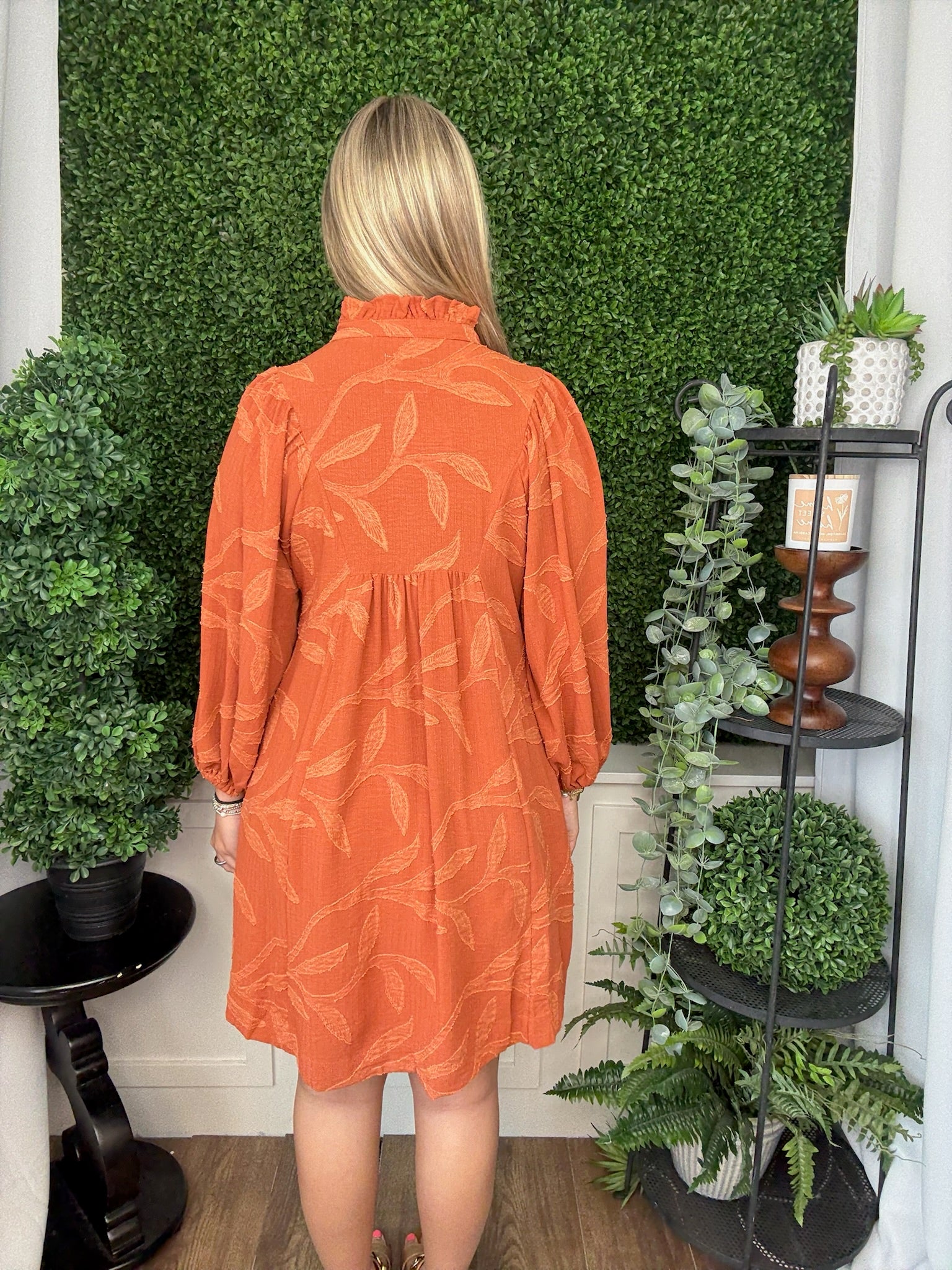 JACQUARD HIGH RUFFLE NECK DRESS - RUST