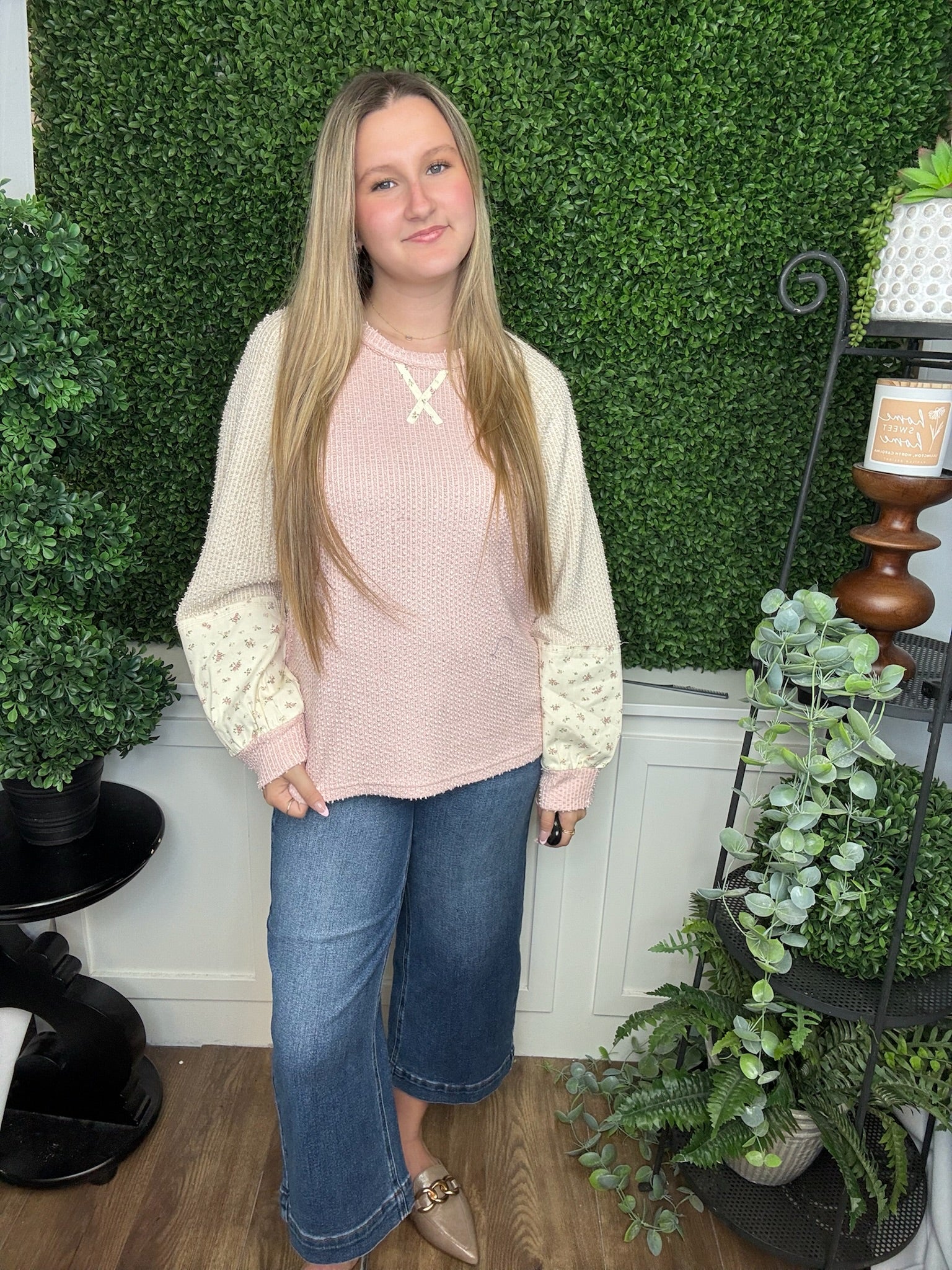 RAGLAN SLV COLOR BLOCK CASUAL KNIT TOP - BABY PINK