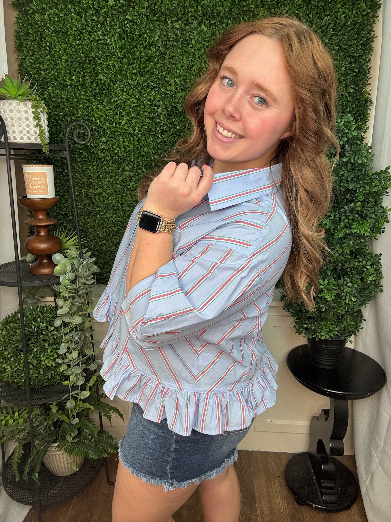 Skyline Stripe Ruffle Hem Blouse