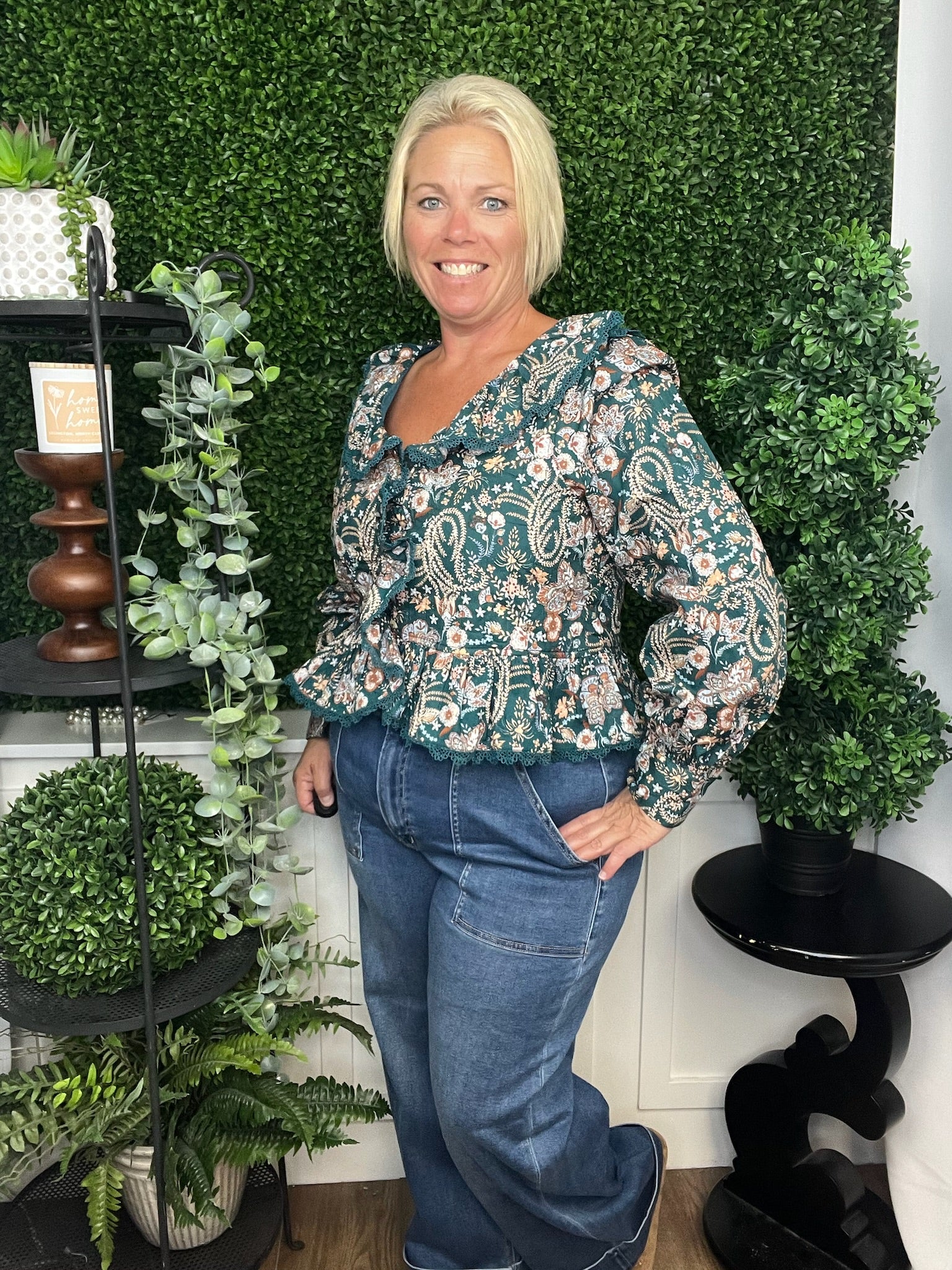 PAISLEY PRINT LACE TRIM QUILTED TOP - TEAL/GREEN/MULTI FLORAL