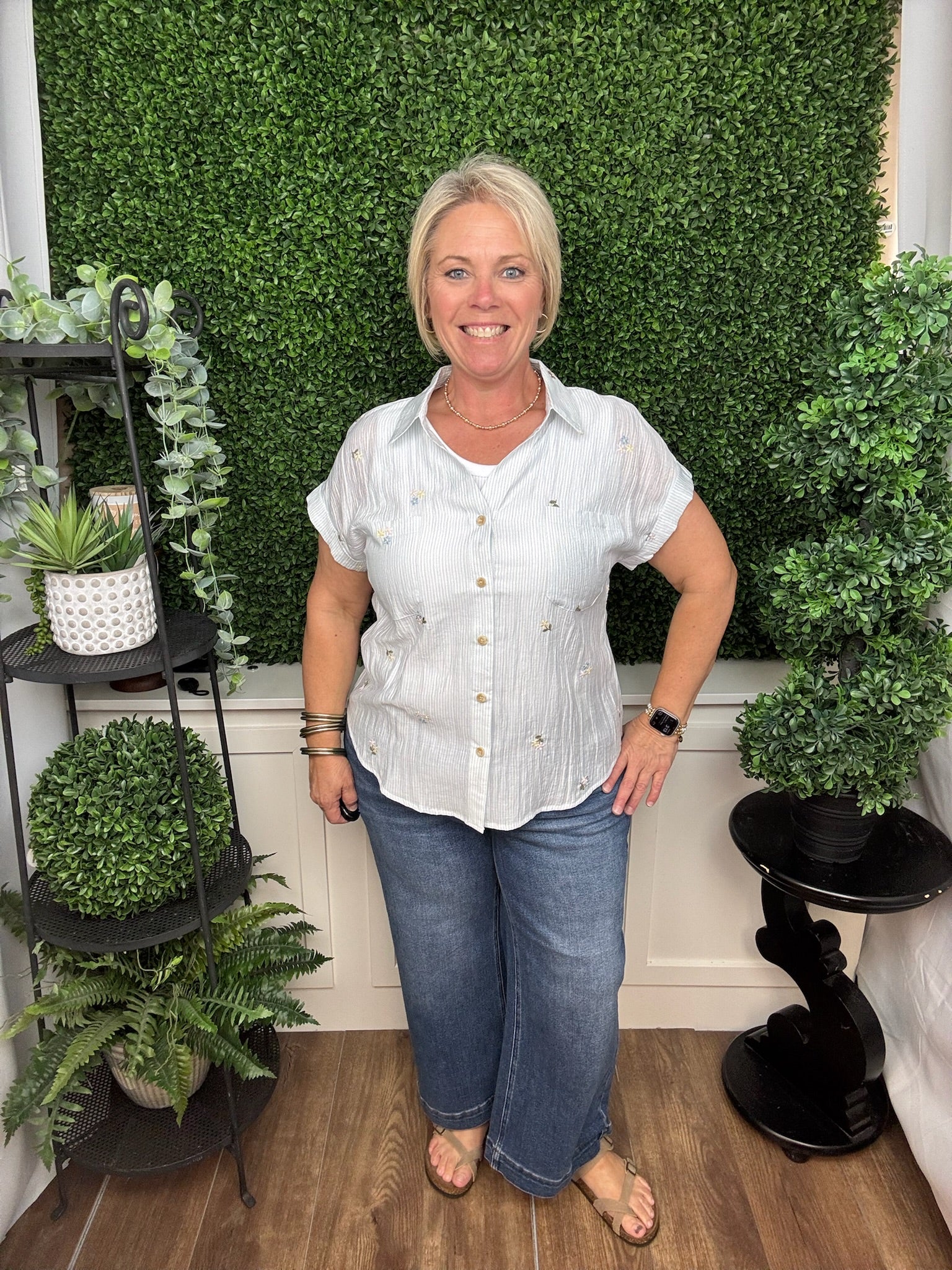 Light Blue Floral Embroidered Button-Up Blouse