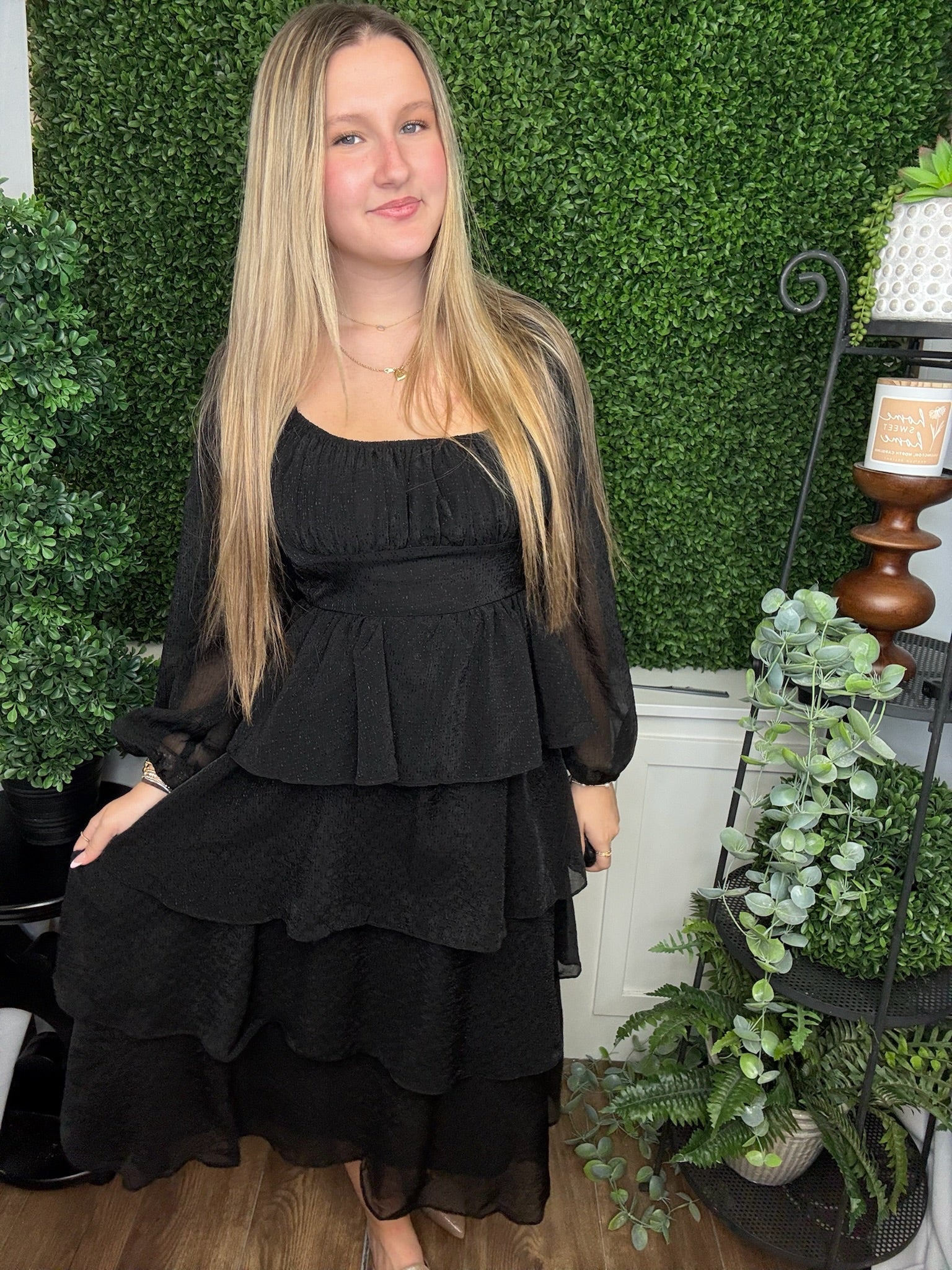 LUREX RUFFLE TIERED LS MIDI DRESS