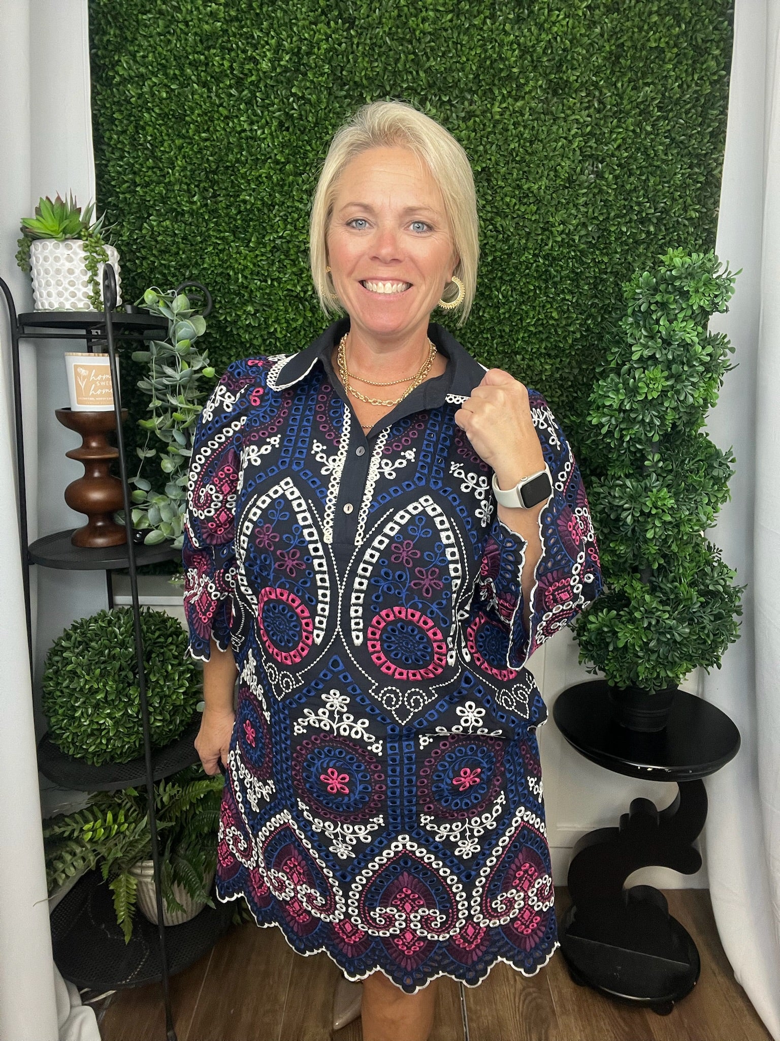 EMBROIDERED EYELET HALF SLEEVE MINI DRESS - NAVY