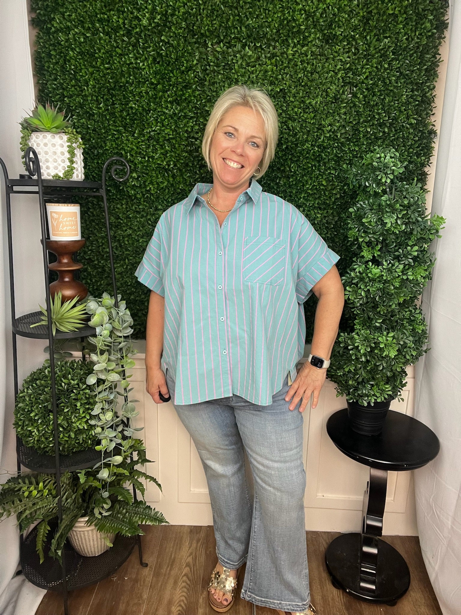 OVERSIZED STRIPED BUTTON DOWN CASUAL SHIRT TOP - MINT