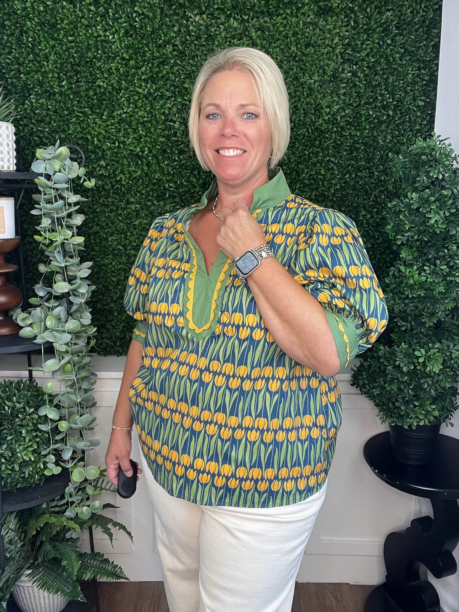 FLORAL PATTERN CUFF BAND SHORT SLEEVE TOP - TEAL