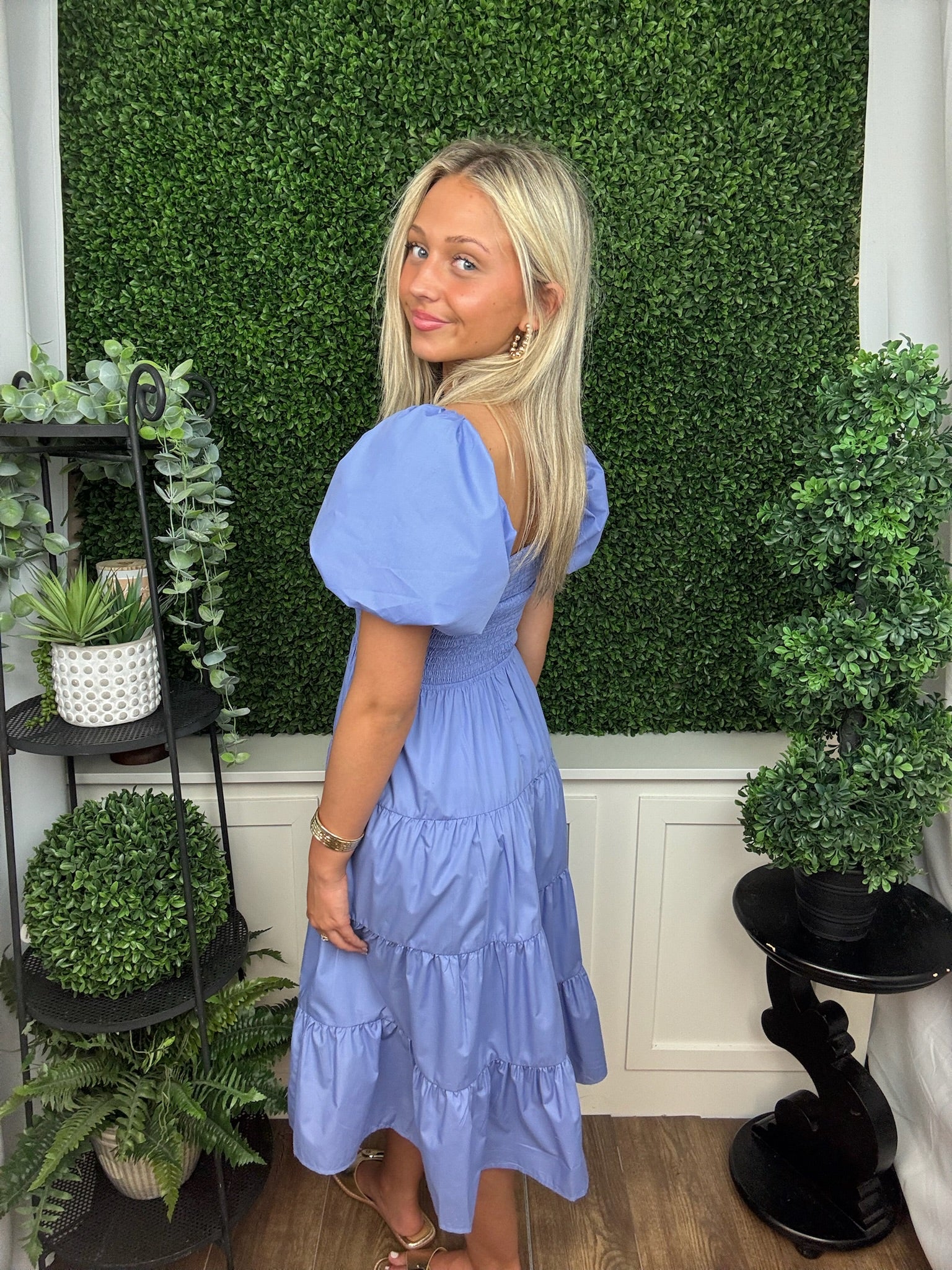 Periwinkle Smocked Puff Sleeve Midi Dress