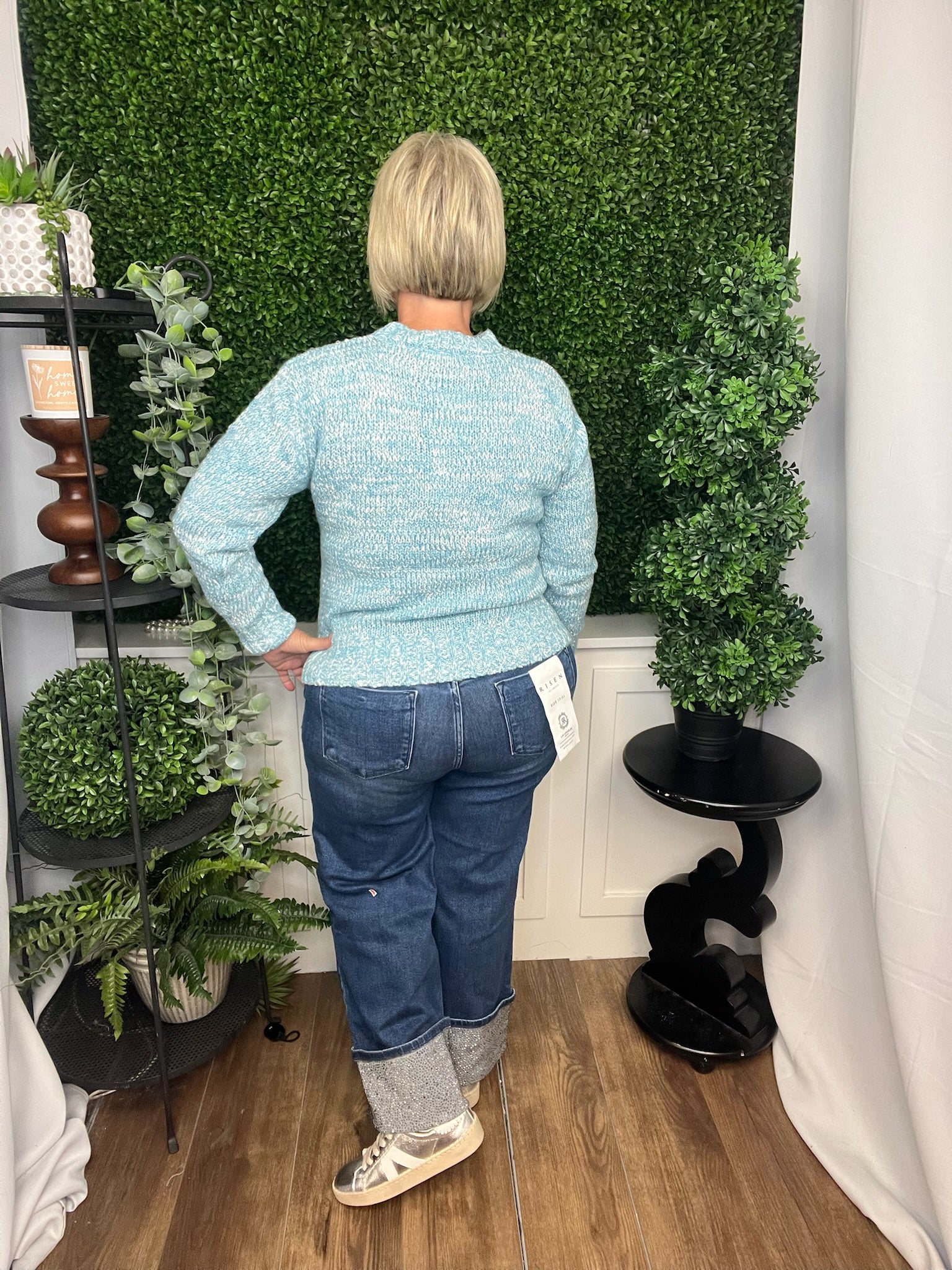 LONG SLEEVE CLEAR SEQUIN SWEATER - LIGHT BLUE