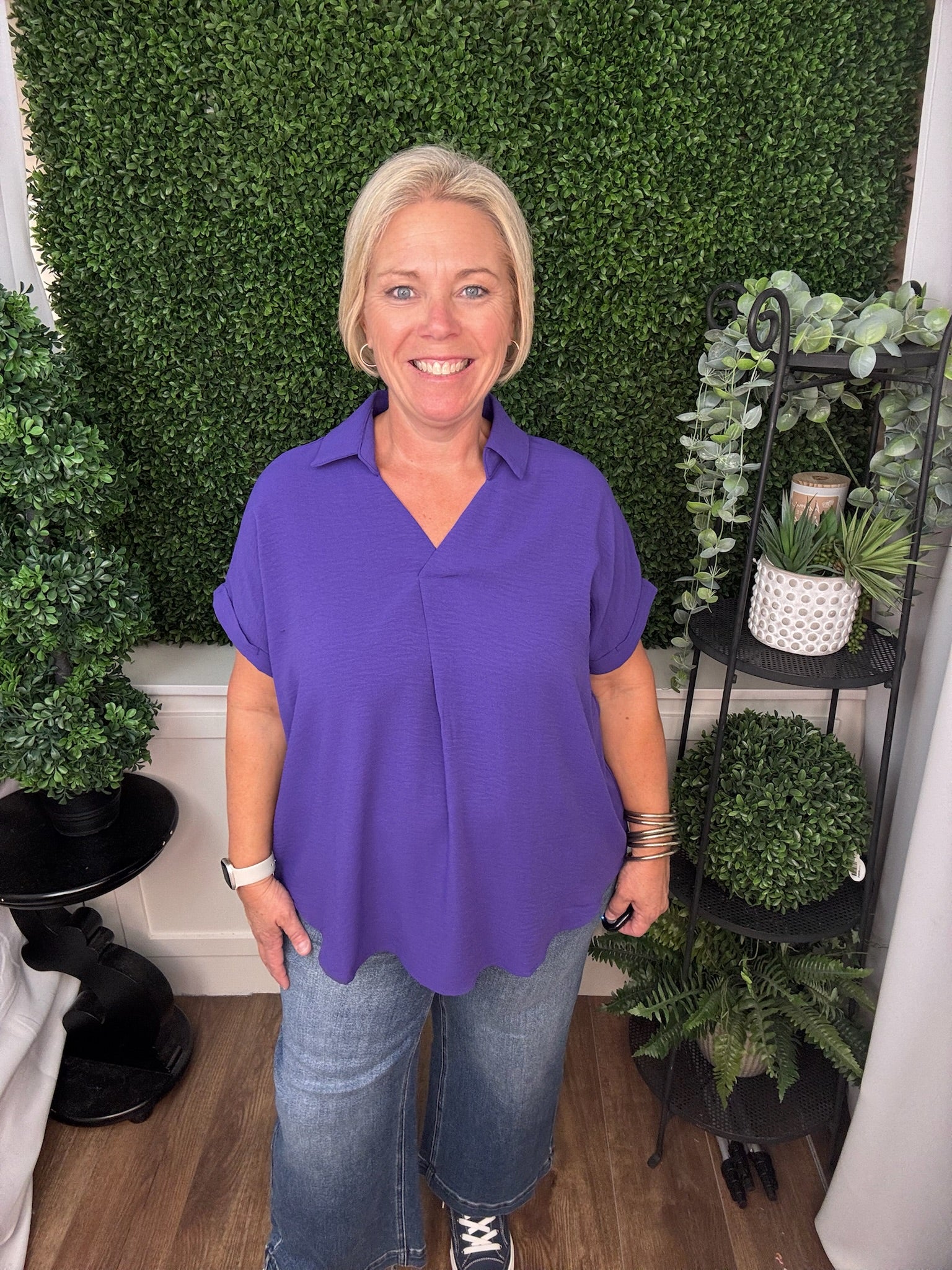 GAME DAY - DROP SHOULDER COLLARED WOVEN TOP - RED/TRUE PURPLE