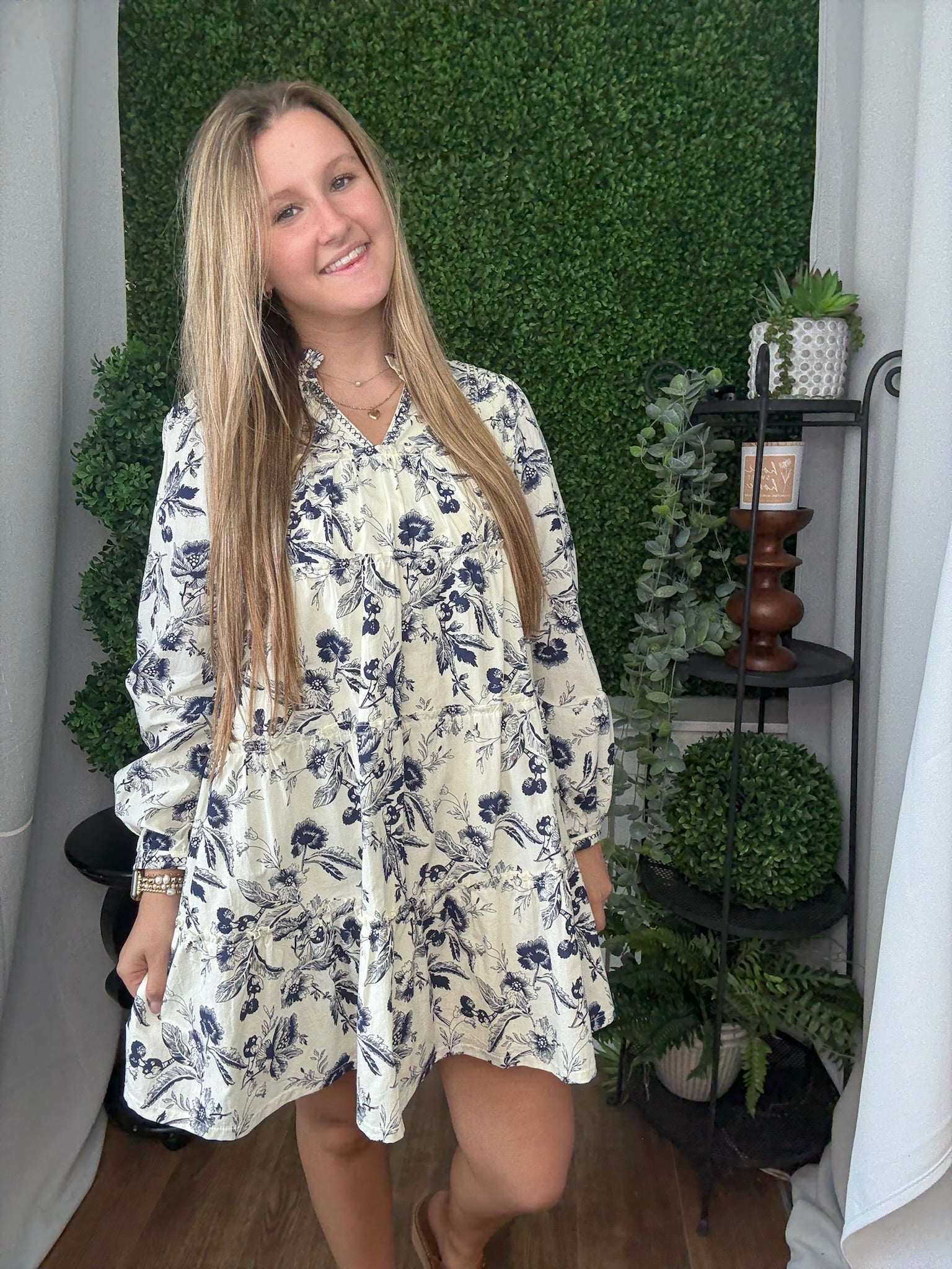 RUFFLE TIERED BABYDOLL MINI DRESS - IVORY/NAVY/FLORAL