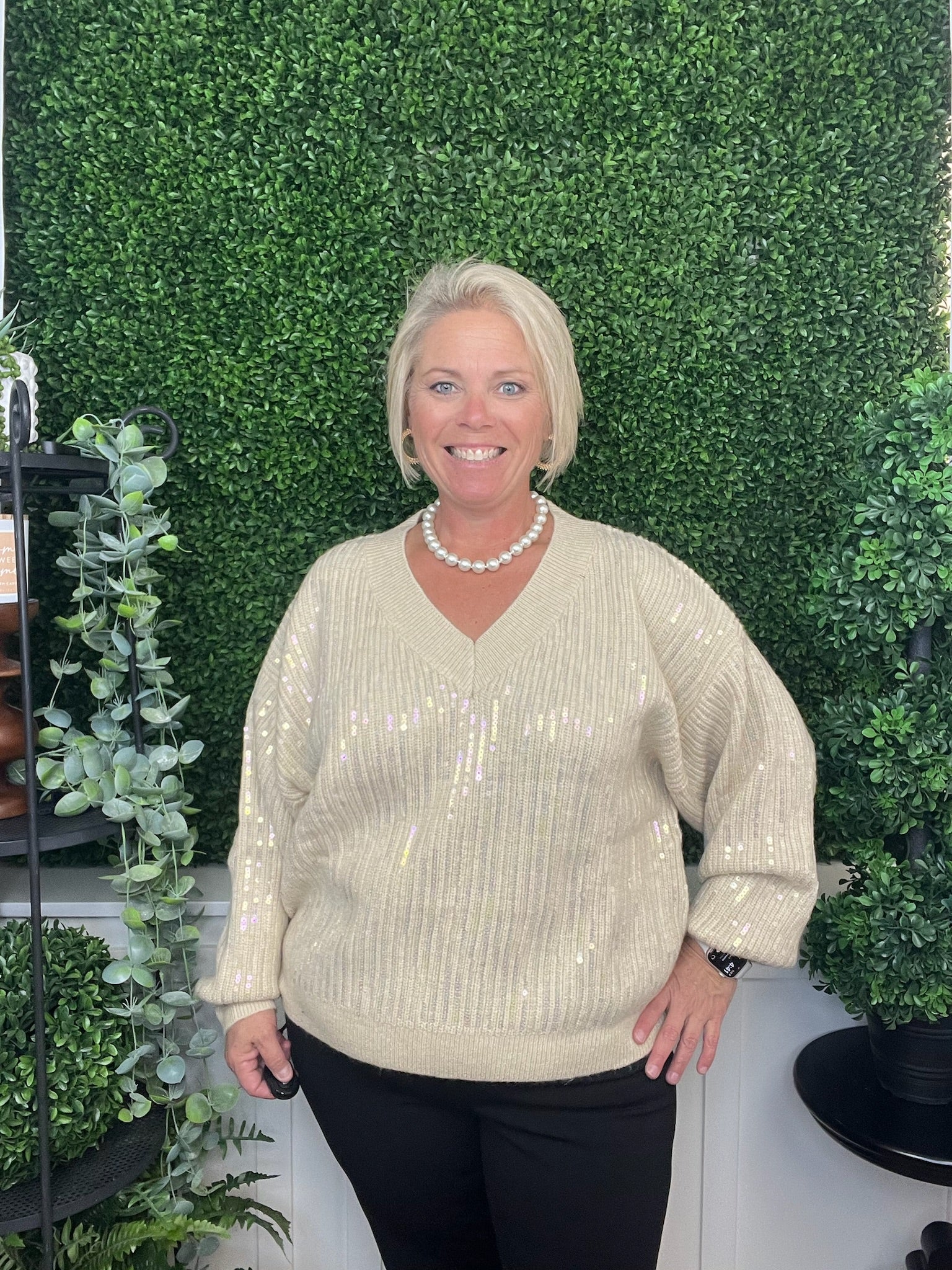 HOLIDAY CLEAR SEQUINS CHRISTMAS VNECK SWEATER TOP - OATMEAL