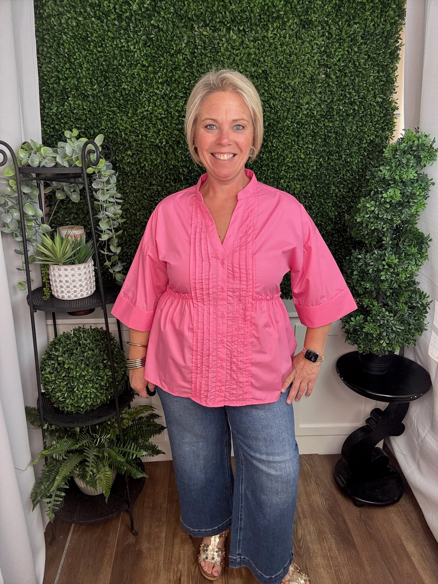 Blush Pleated Peplum Button Blouse
