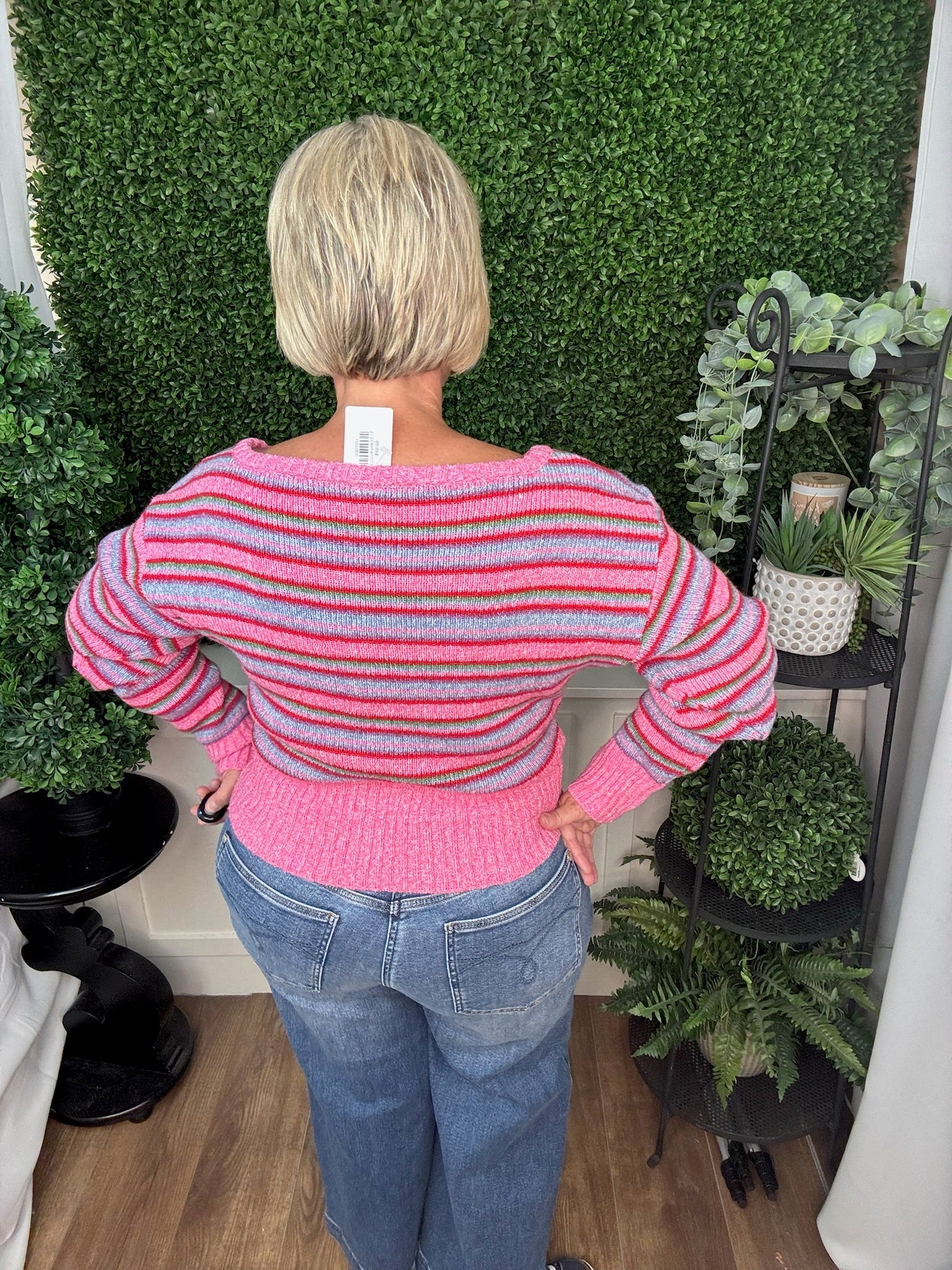 OFF SHOULDER STRIPE HIGH RIB SWEATER - PINK/RED