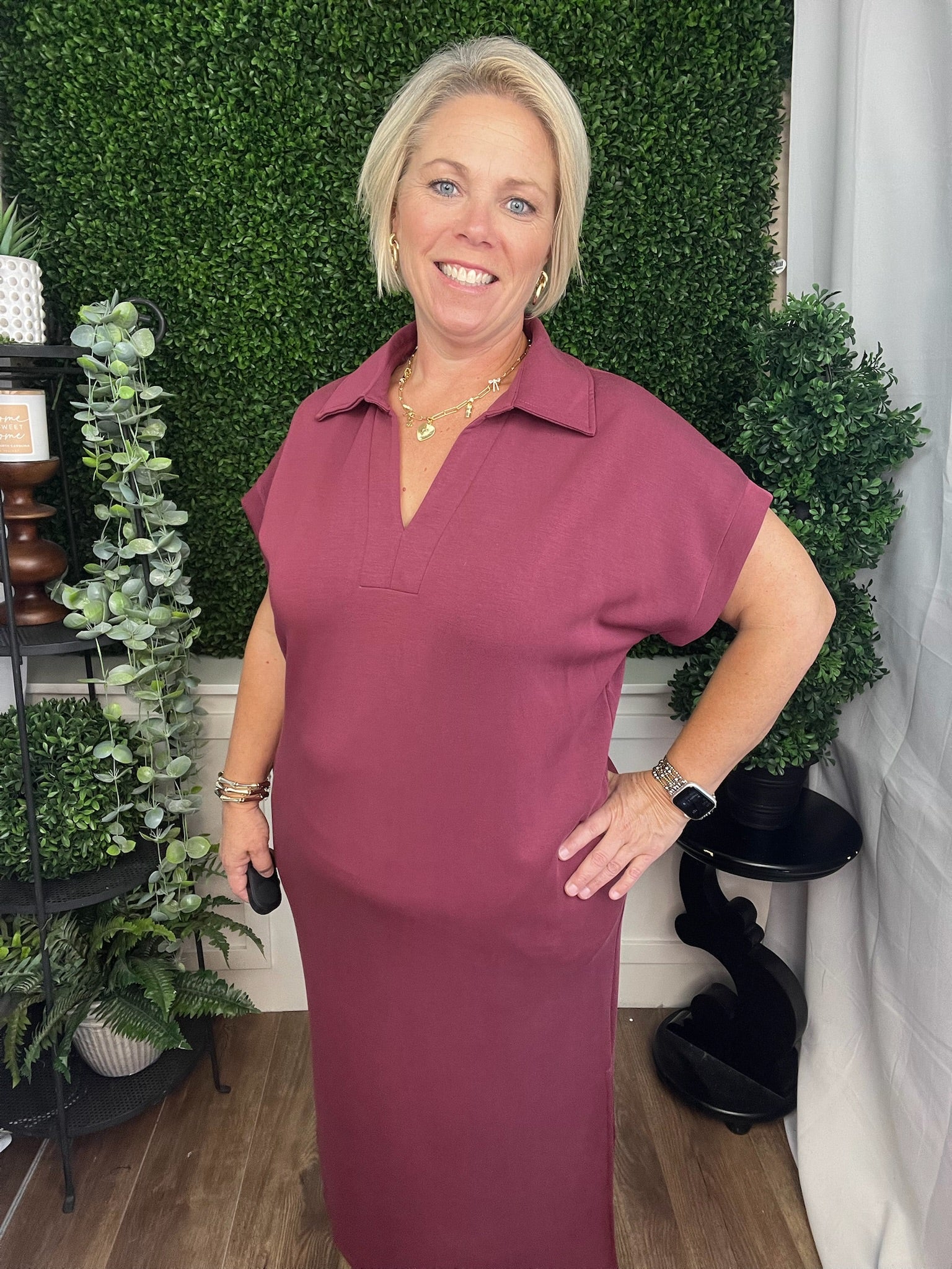 SOLID KNIT SPLIT COLLAR SHORT SLEEVE MIDI PULLOVER DRESS