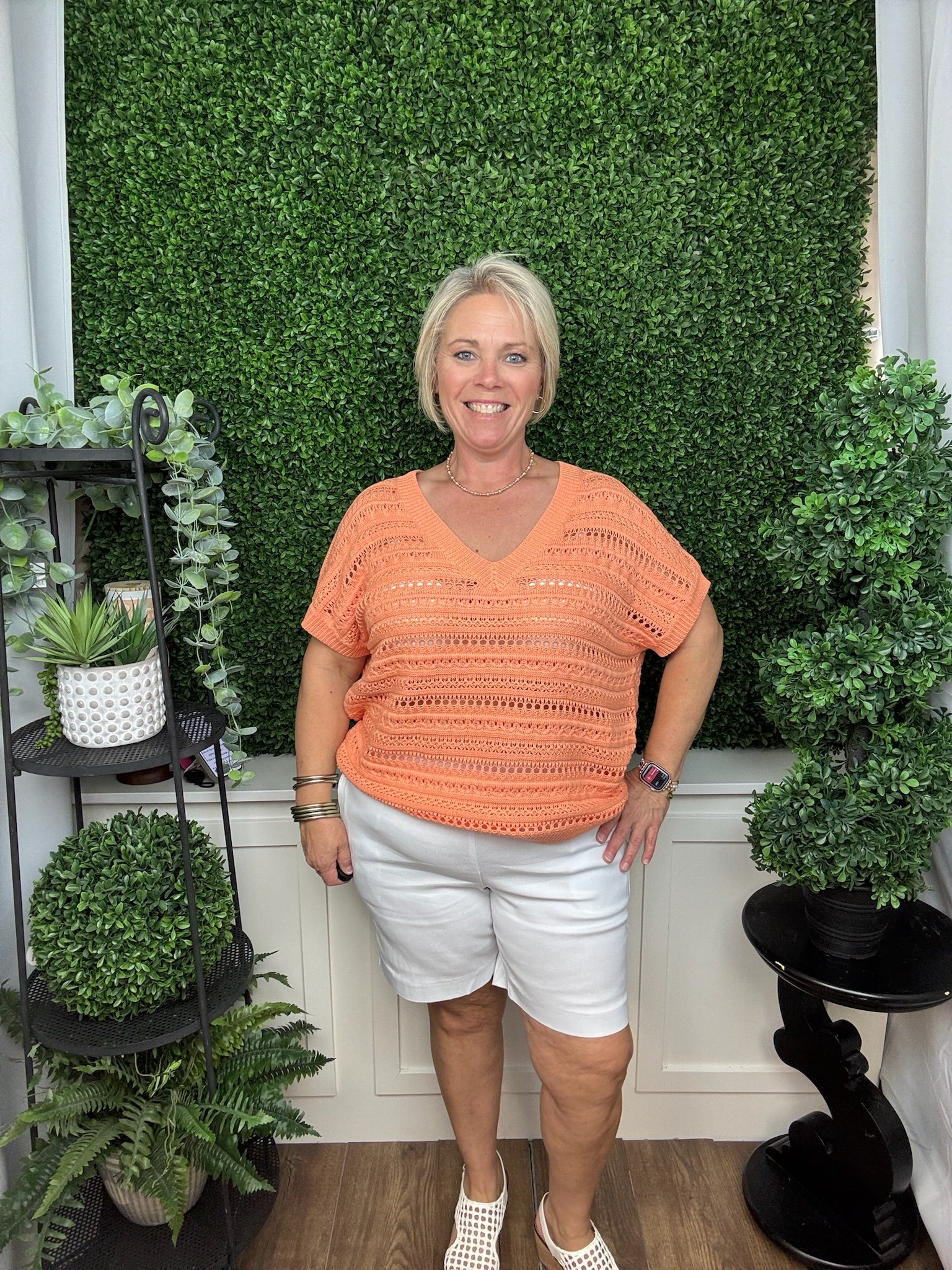 Orange Open Knit V-Neck Sweater