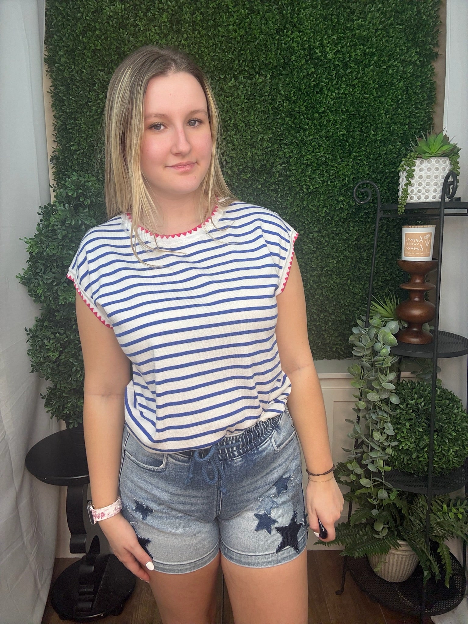 Classic Blue Stripe Knit Top with Pink Detail