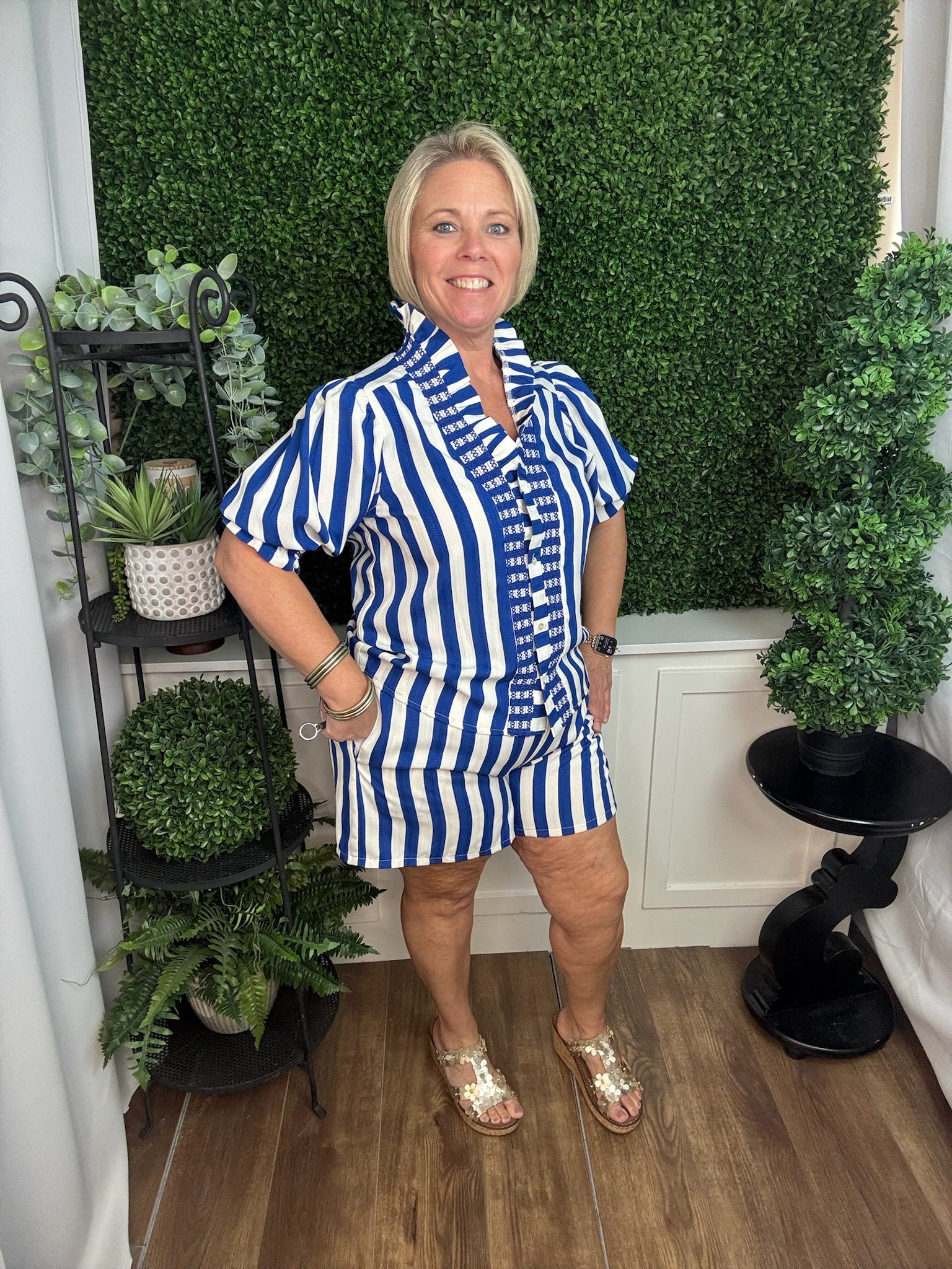 Blue Stripe Ruffle Front Blouse