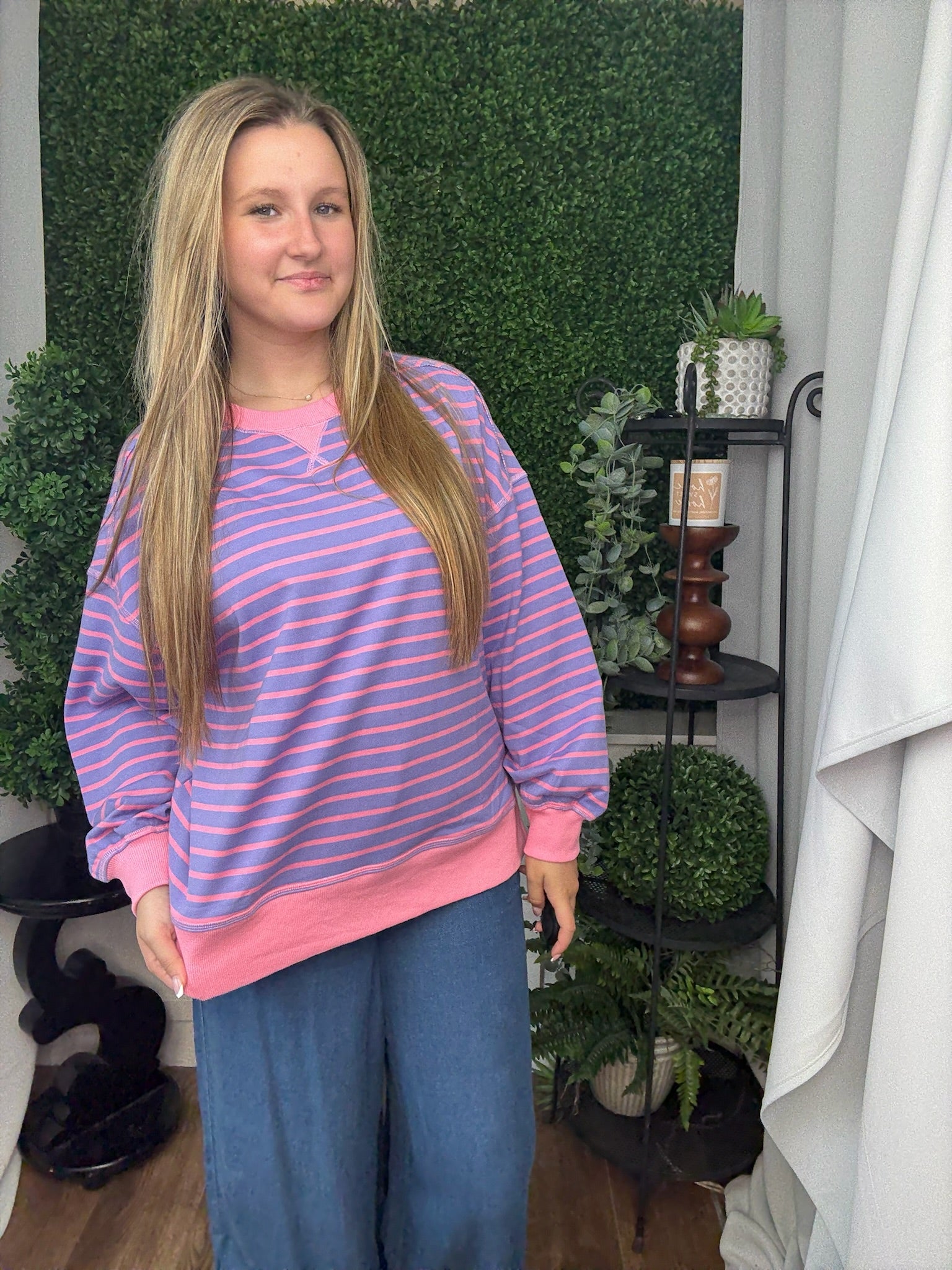 STRIPE COMFY CASUAL OVERSIZED KNIT TOP - LAVENDAR/PINK