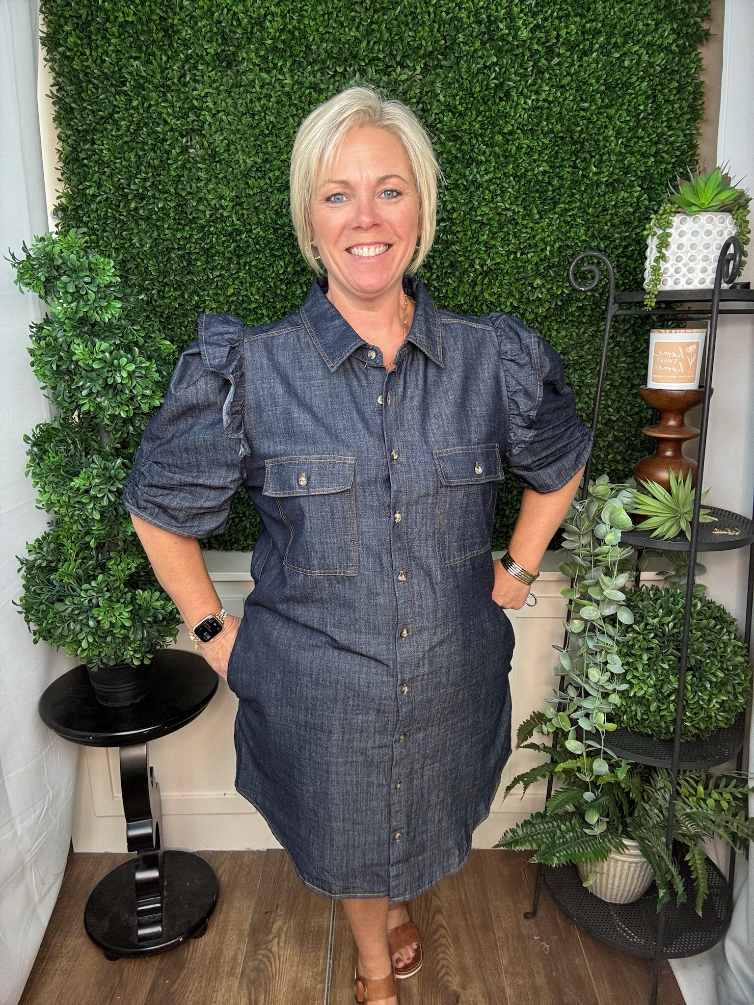 Dark Denim Ruffle Sleeve Button Down Dress